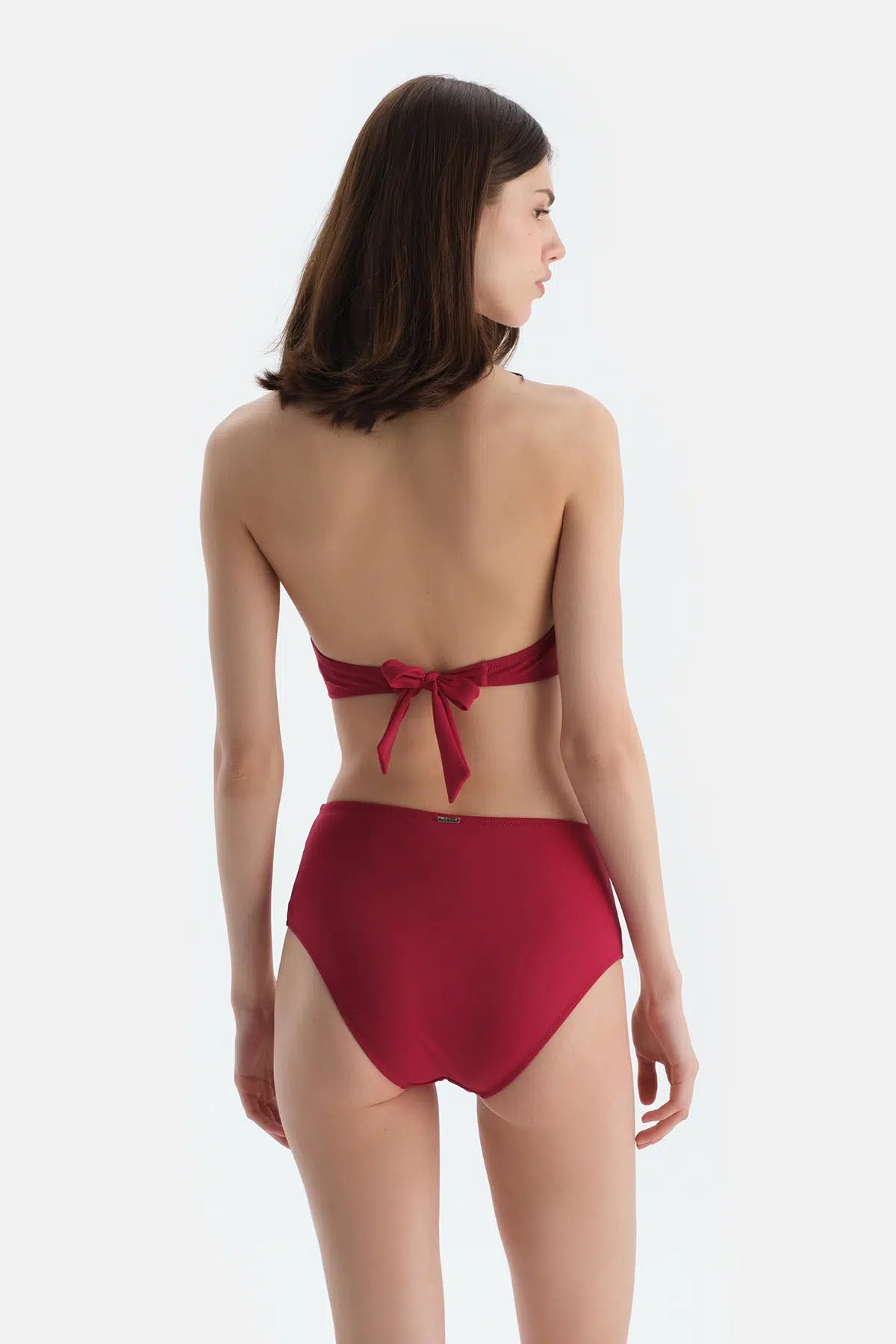 Bordo Tül Detaylı Yüksek Bel Bikini Alt