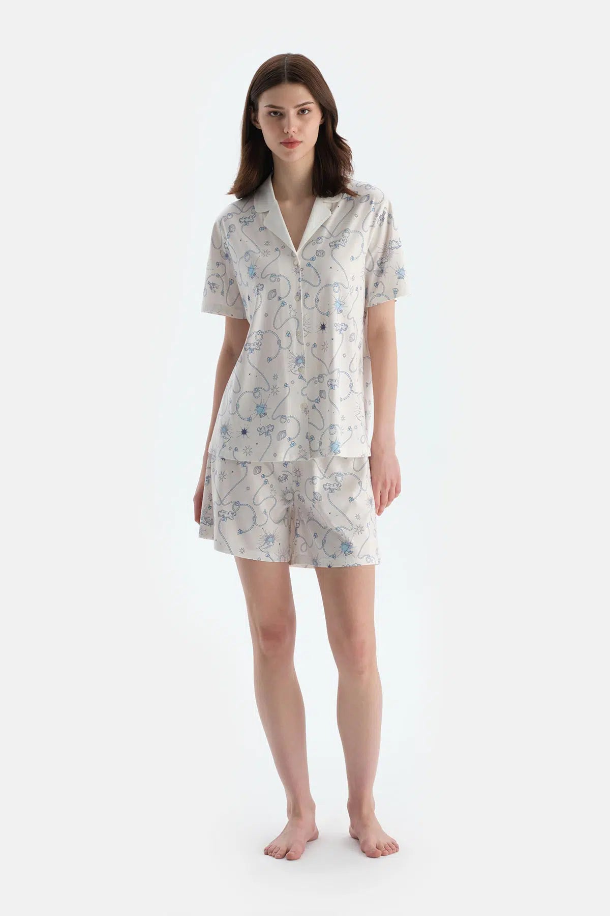 Ekru Metraj Baskılı Penye Modal Gömlek Şort Pijama Takımı