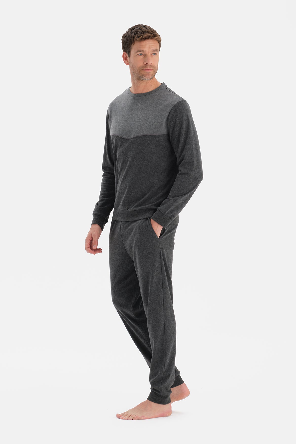 Antrasit Melanj Parça Detaylı Uzun Kollu Pijama Takım