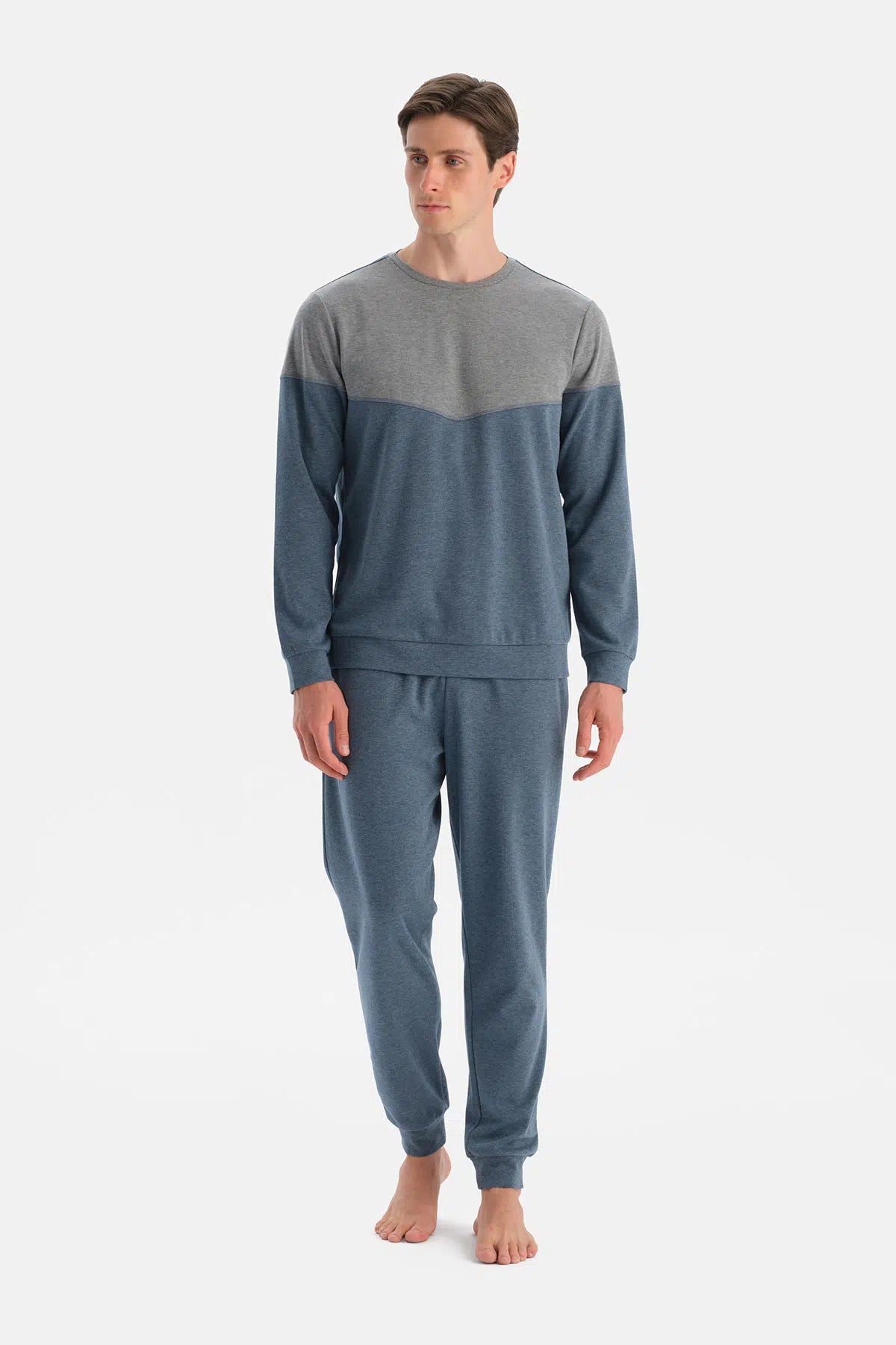 Indigo Melanj Parça Detaylı Uzun Kollu Pijama Takım