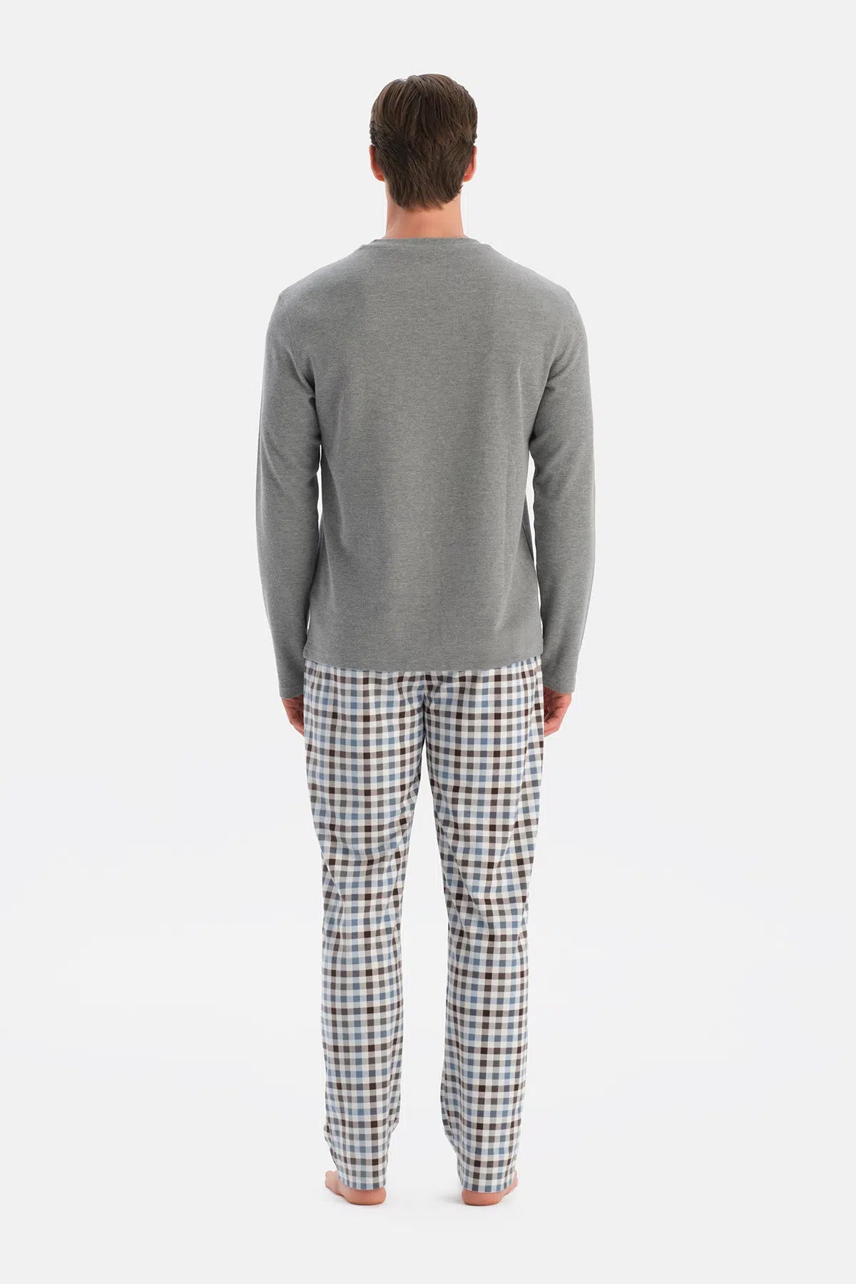 Gri Melanj Dikiş Detaylı Waffle Tişört Pantolon Pijama Takımı