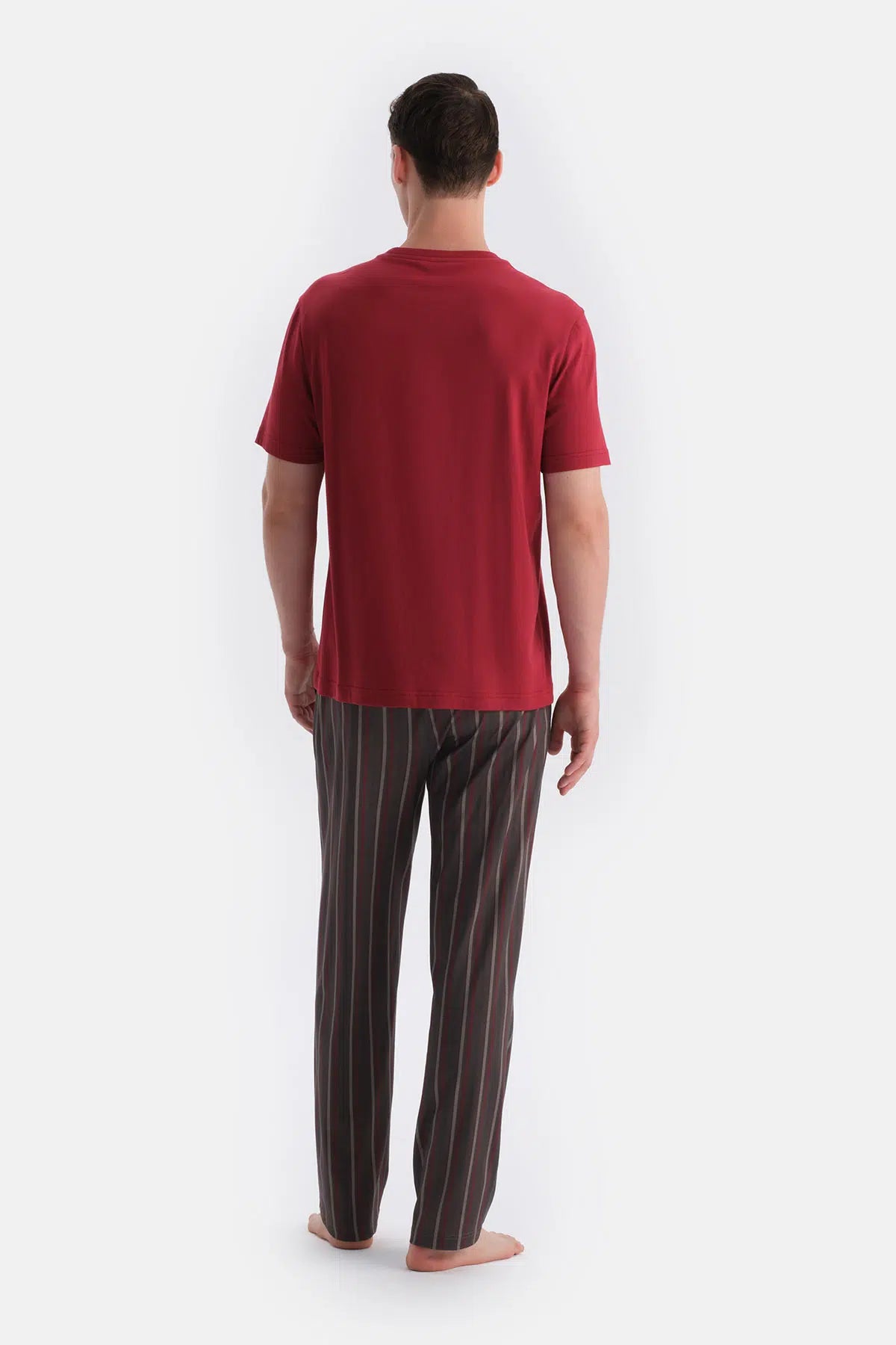Bordo Kısa Kollu Altı Çizgili Tişört Pantolon Takım