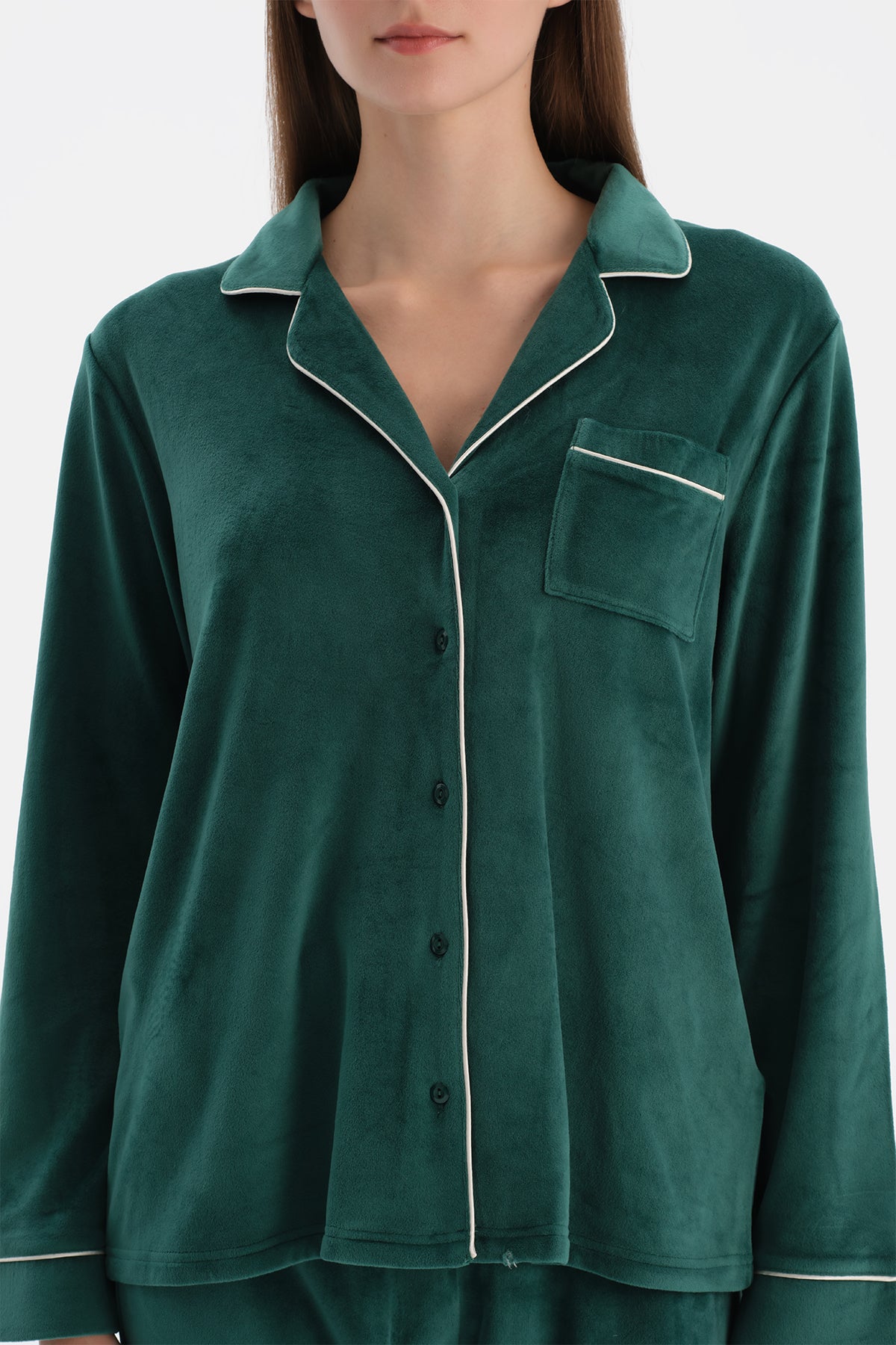 Koyu Yeşil Biye Detaylı Kadife Gömlek Pantolon Pijama Takımı