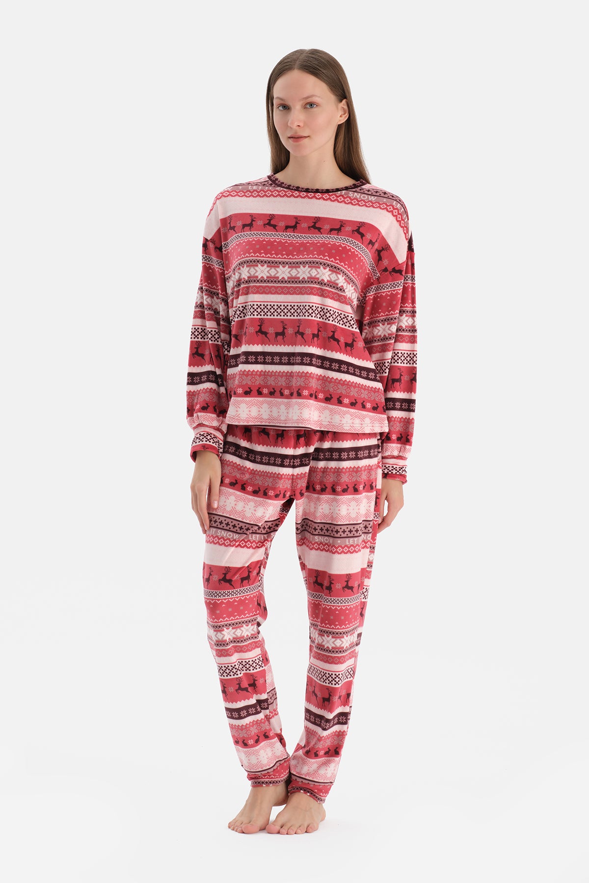 Kırmızı Baskılı Kadife Tişört Pantolon Pijama Takımı