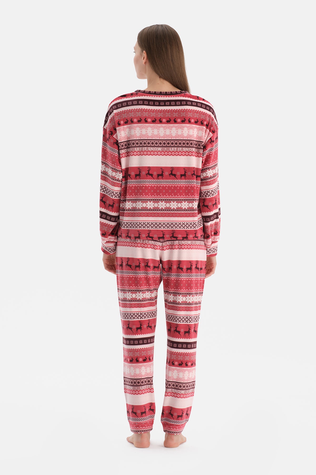 Kırmızı Baskılı Kadife Tişört Pantolon Pijama Takımı