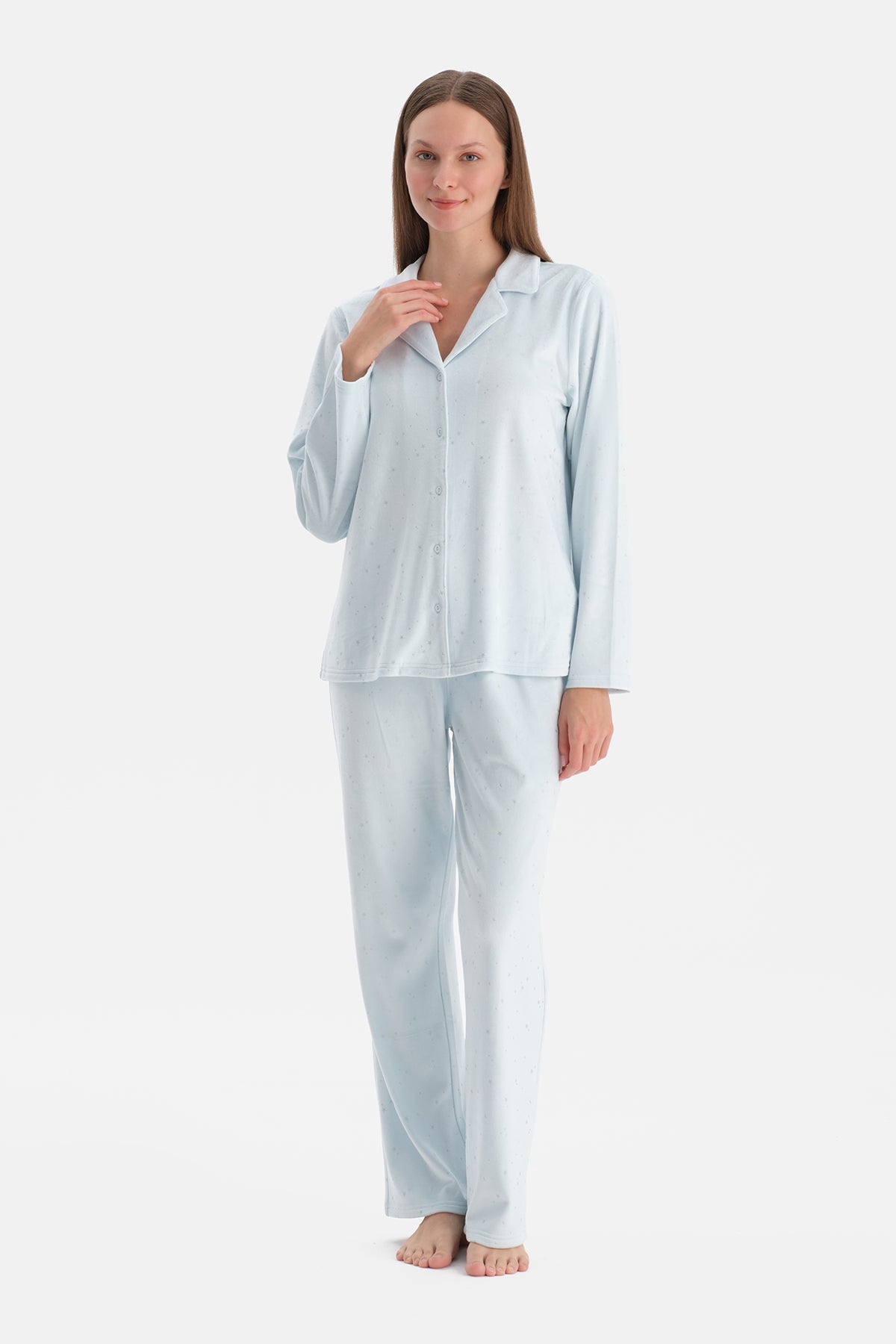 Açık Mavi Varaklı Kadife Gömlek Pantolon Pijama Takımı