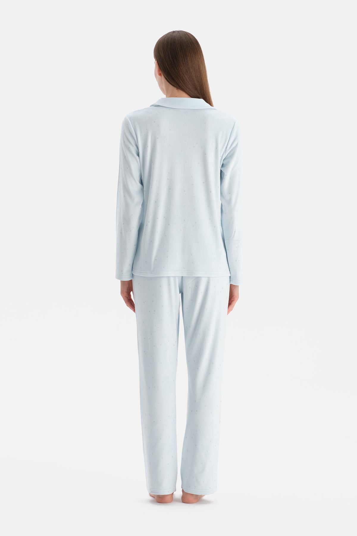 Açık Mavi Varaklı Kadife Gömlek Pantolon Pijama Takımı