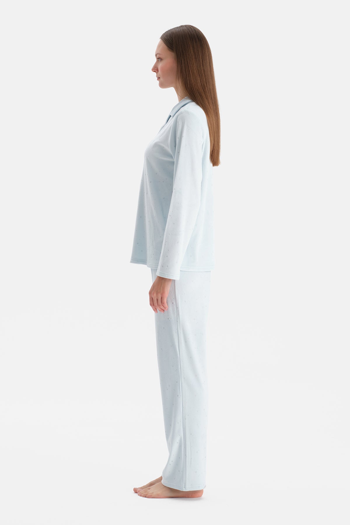 Açık Mavi Varaklı Kadife Gömlek Pantolon Pijama Takımı