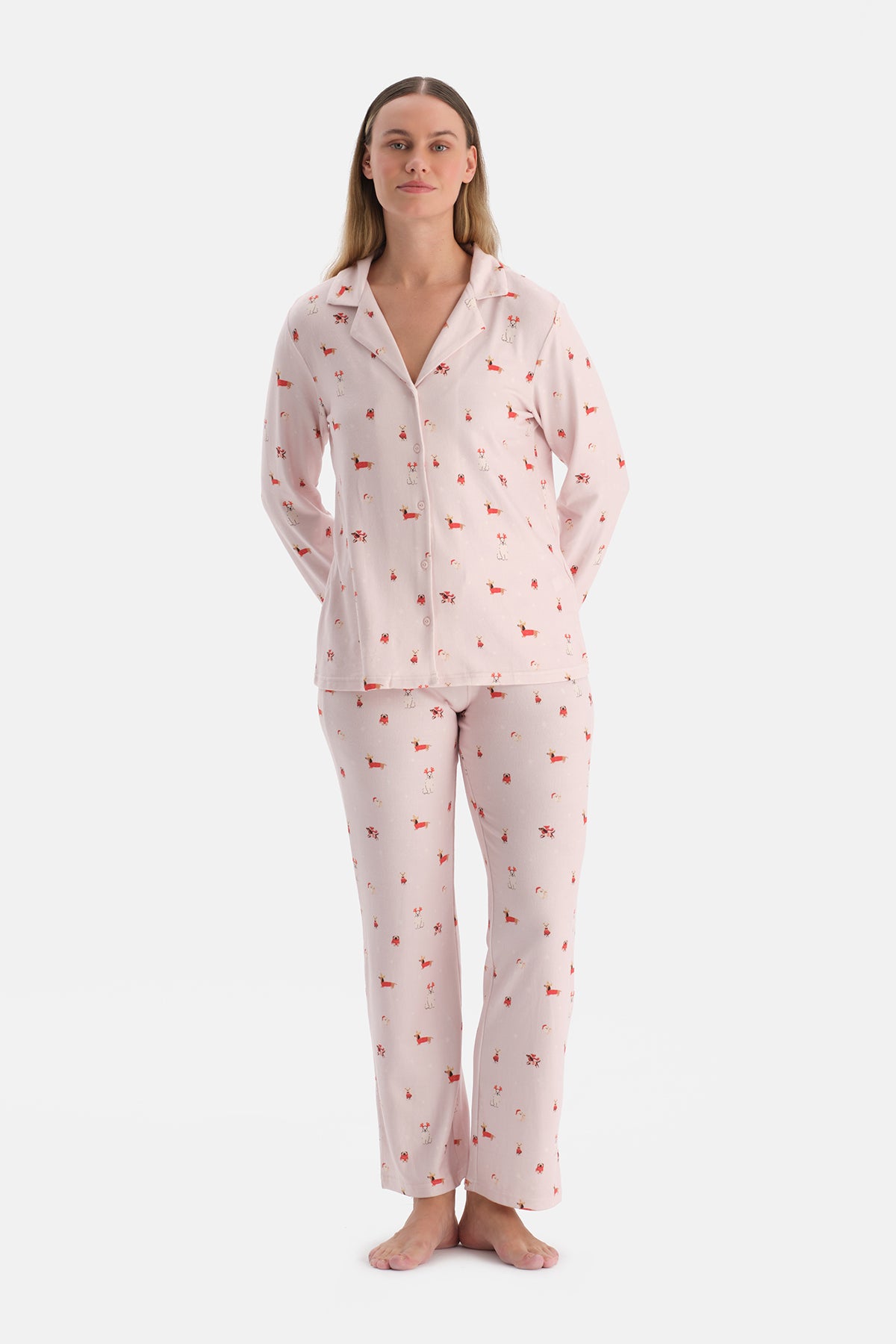 Açık Pembe Baskılı Termal Gömlek Pantolon Pijama Takımı
