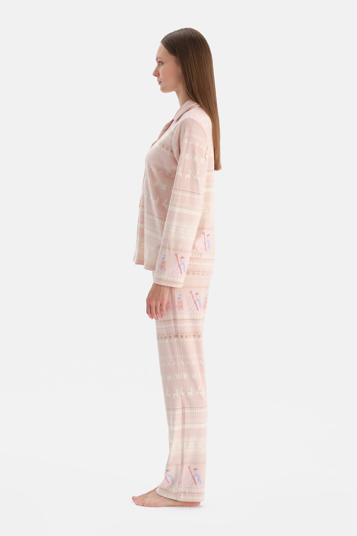 Sütlü Kahve Baskılı Kadife Gömlek Pantolon Pijama Takımı