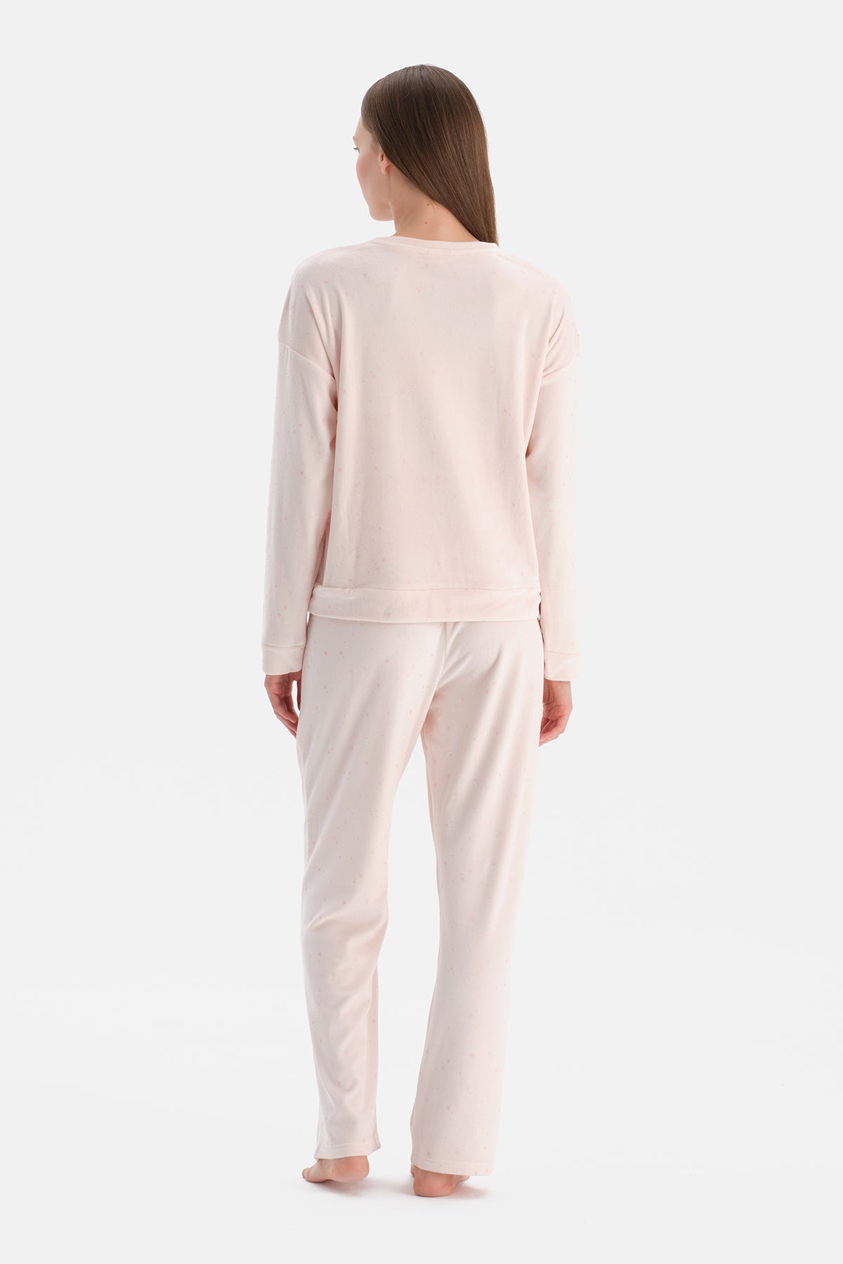 Ekru Parlak Yıldız Baskılı Kadife Tişört Pantolon Pijama Takımı
