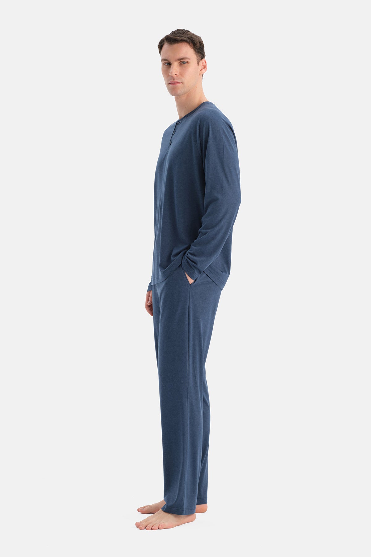 Lacivert Reglan Uzun Kollu Basıc Tişört Pantolon Pijama Takımı