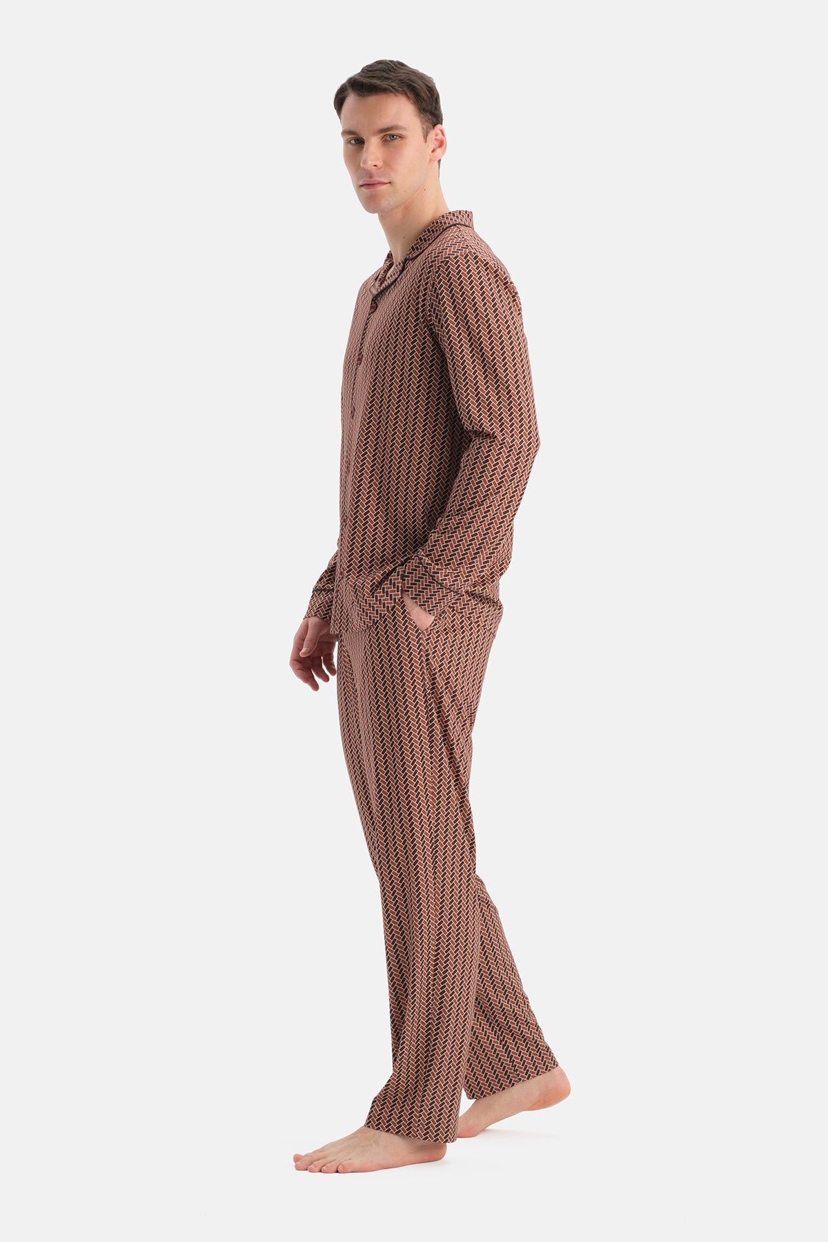 Multicolor Geometrik Desenli Pamuk Modal Gömlek Pantolon Takım