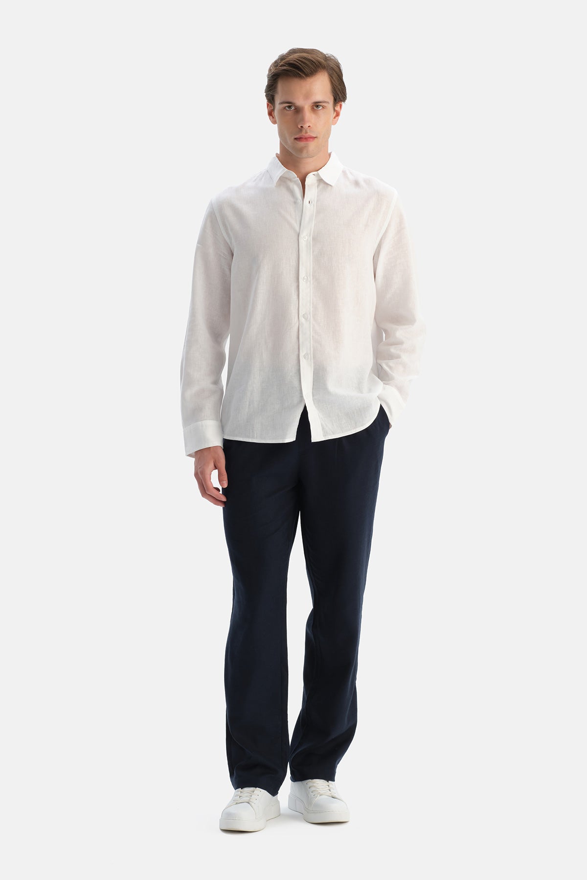 Beyaz Uzun Kollu Keten Lyocell Karışımlı Gömlek