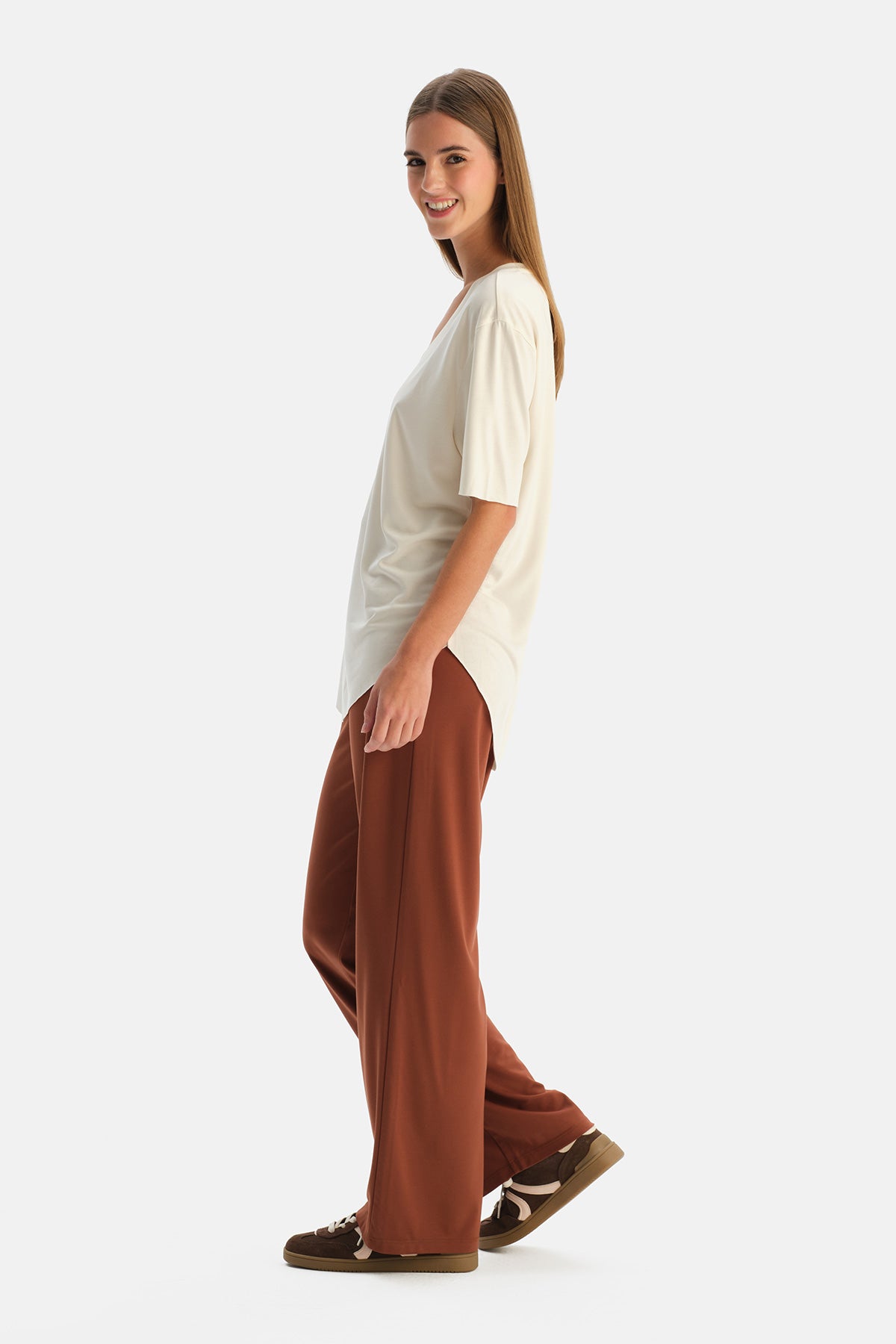 Kiremit Kordonlu Bol Paça Rayon Karışımlı Pantolon