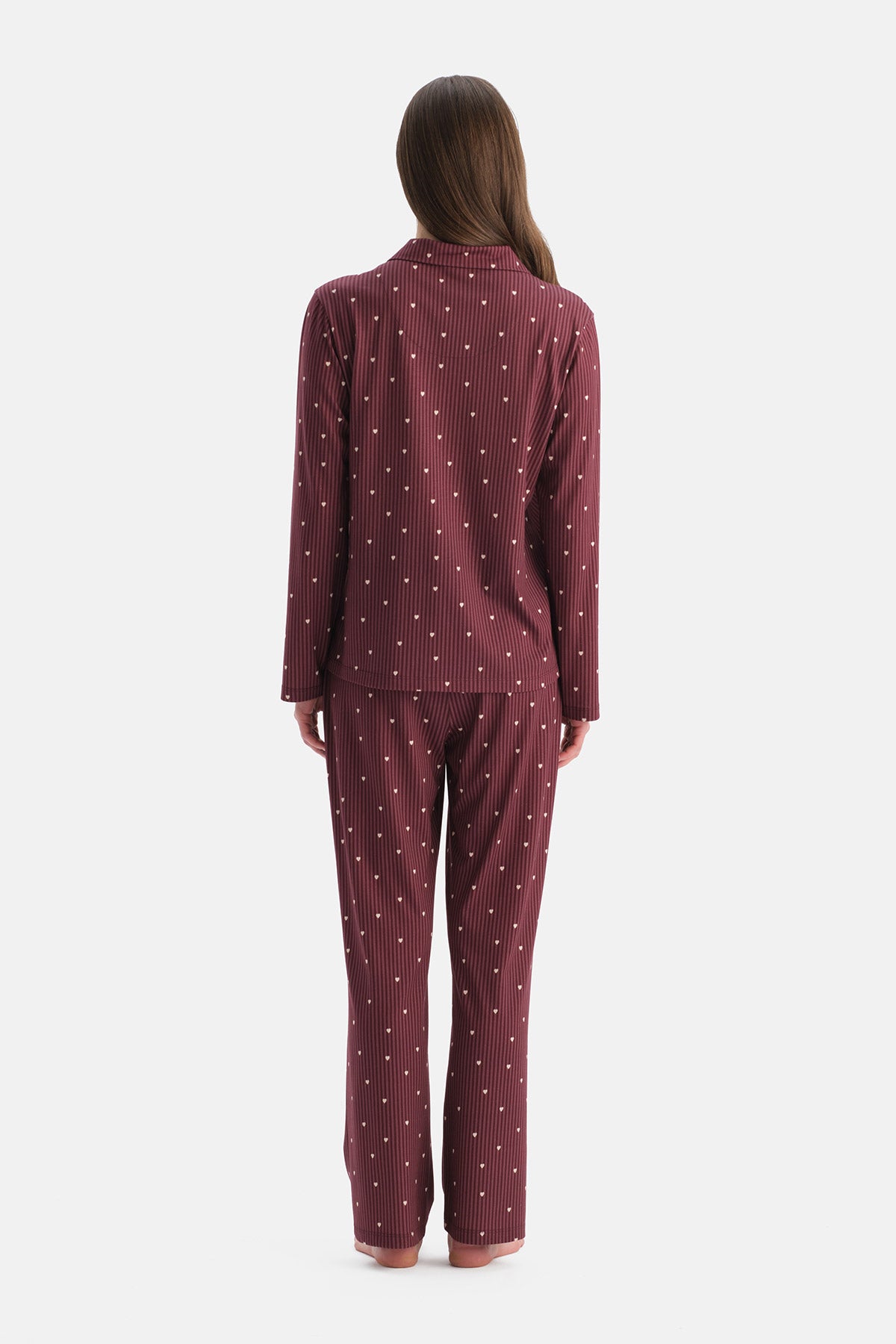 Mürdüm Çizgili Pamuk Modal Gömlek Pijama Takımı