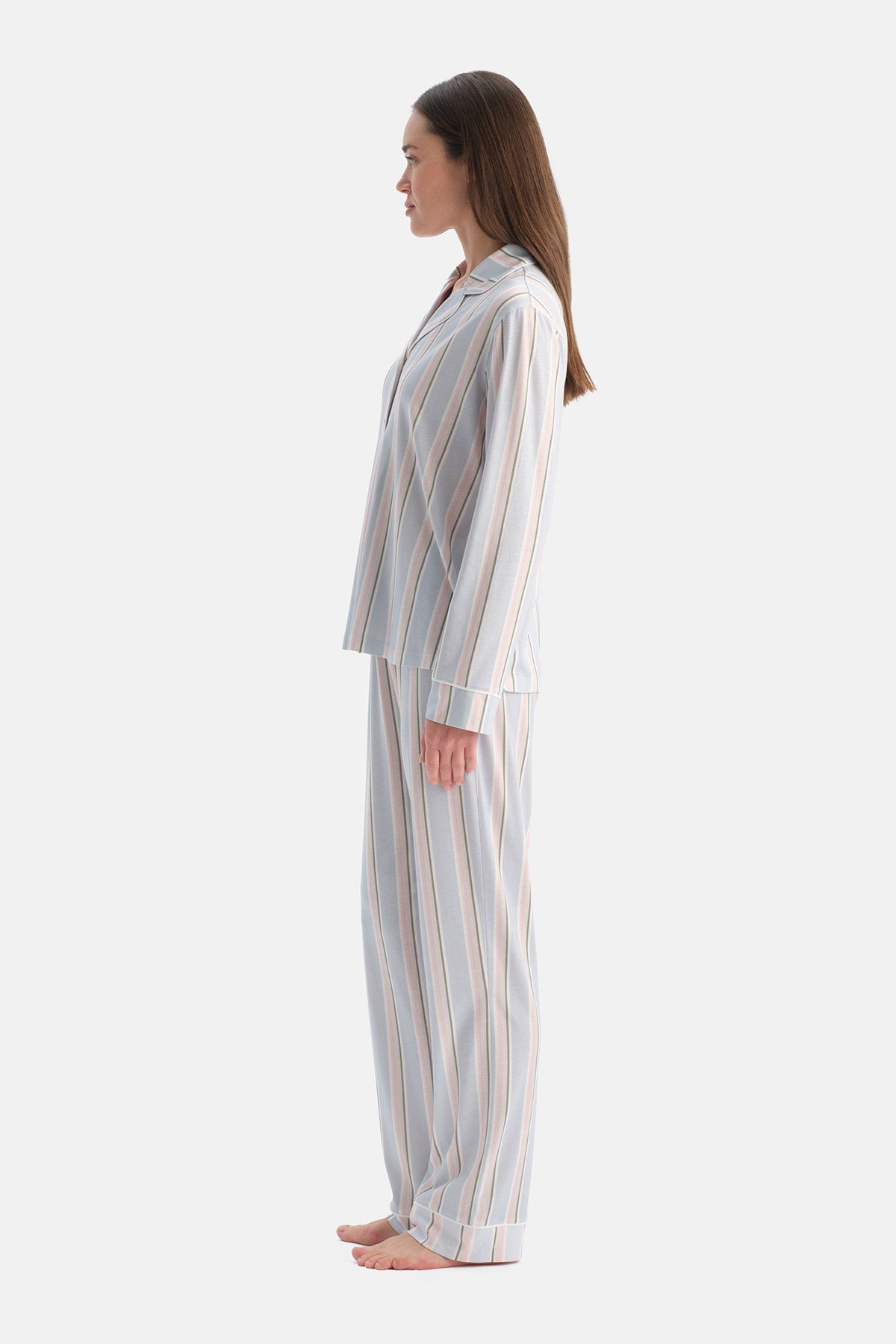 Açık Mavi Çizgili Pamuk Modal Gömlek Pijama Takımı