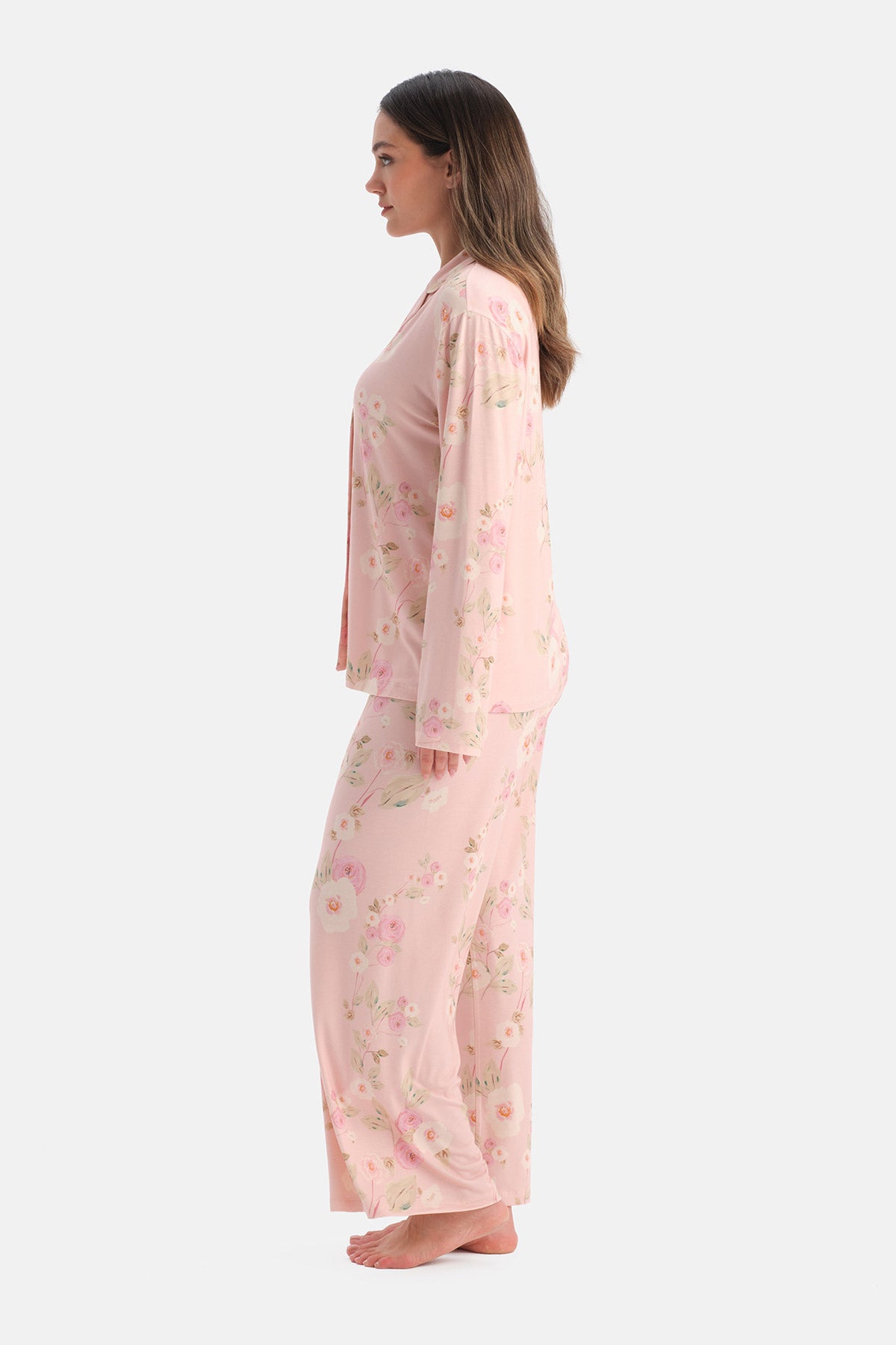 Açık Pembe Çiçekli Siroviskon Gömlek Pijama Takımı