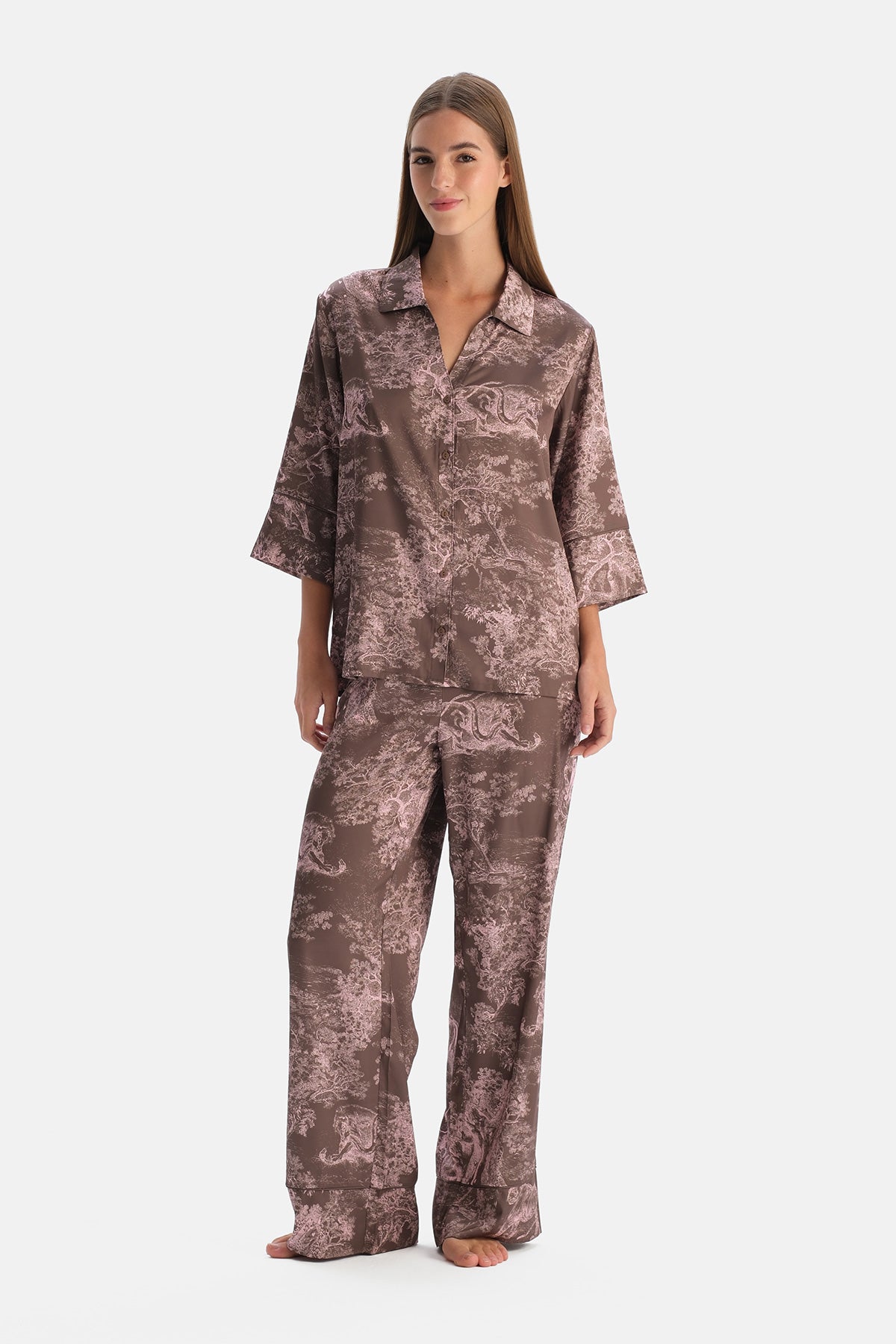 Multicolor Truvakar Kollu Dokuma Gömlek Pijama Takımı