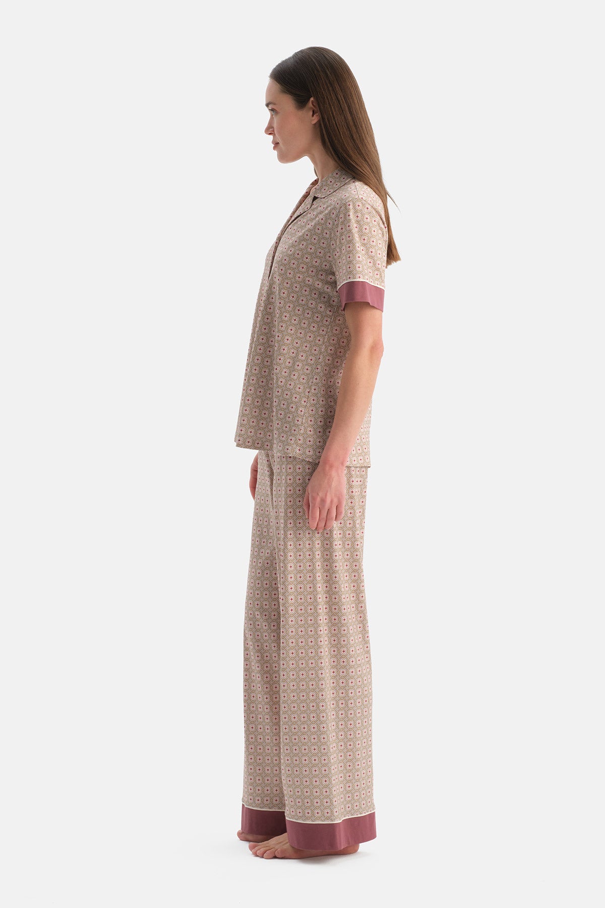 Multicolor Geometrik Desenli Pamuk Modal Gömlek Pijama Takımı