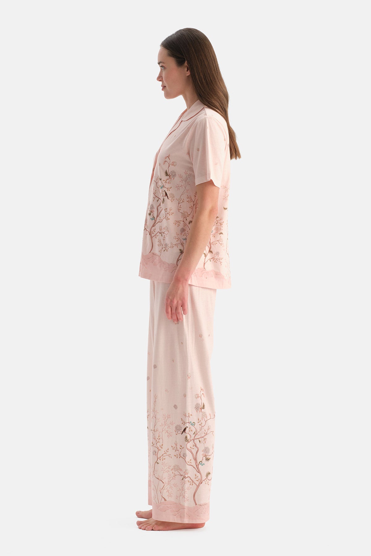Açık Pembe Çiçekli Pamuk Modal Gömlek Pijama Takımı