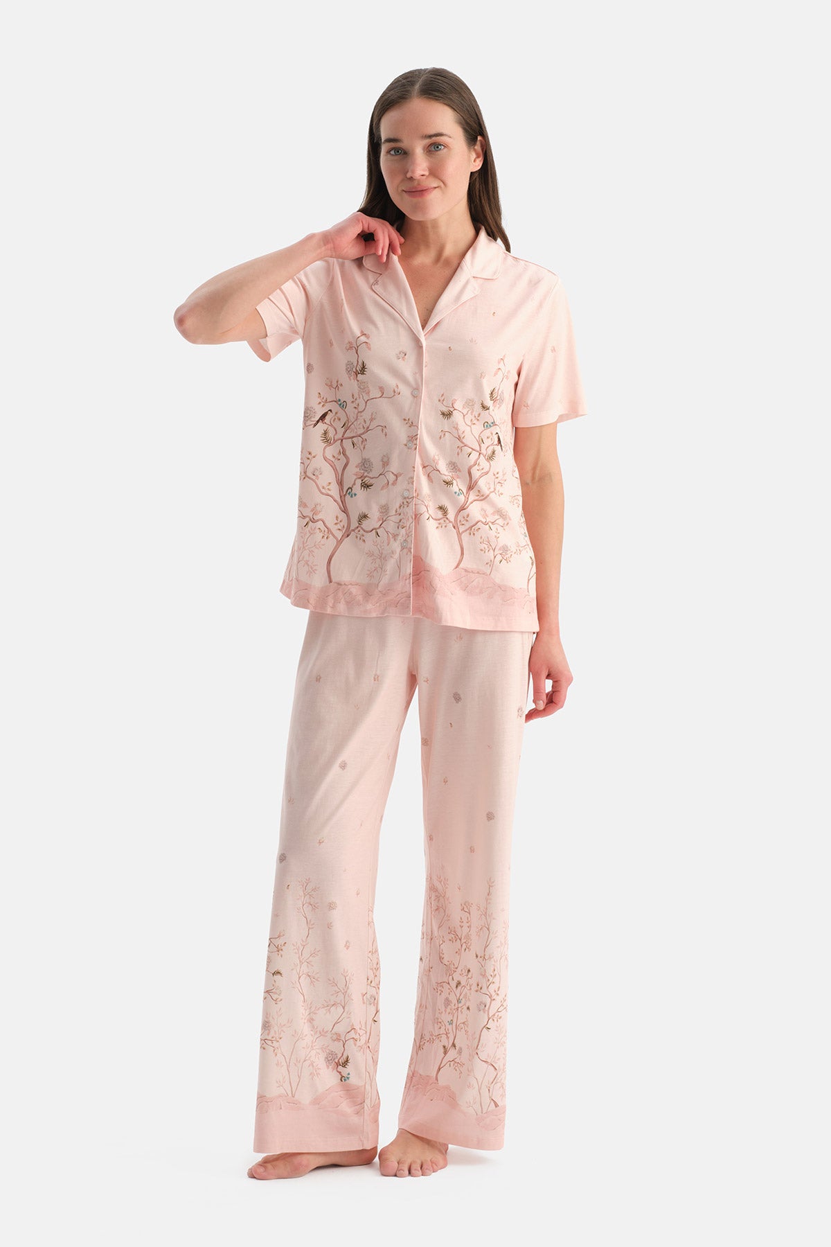 Açık Pembe Çiçekli Pamuk Modal Gömlek Pijama Takımı