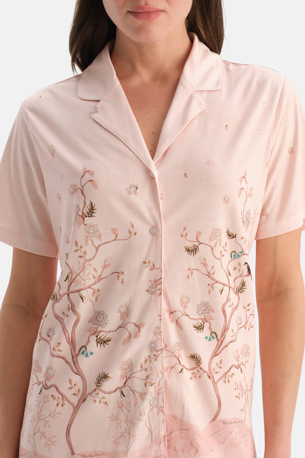 Açık Pembe Çiçekli Pamuk Modal Gömlek Pijama Takımı