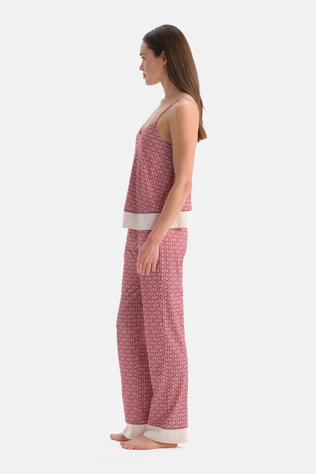 Pembe Geometrik Desenli Pamuk Modal Atlet Pantolon Pijama Takımı
