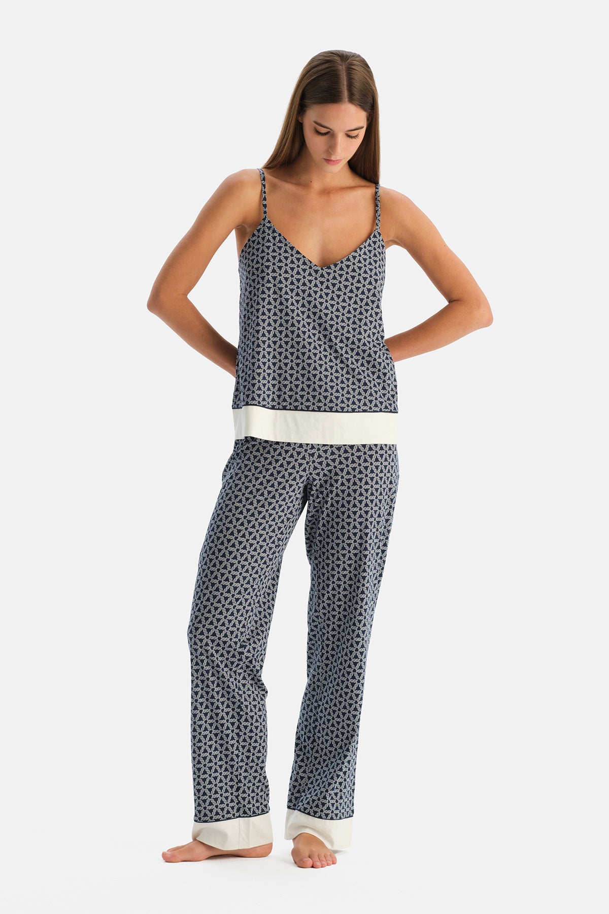 Lacivert Geometrik Desenli Pamuk Modal Atlet Pantolon Pijama Takımı