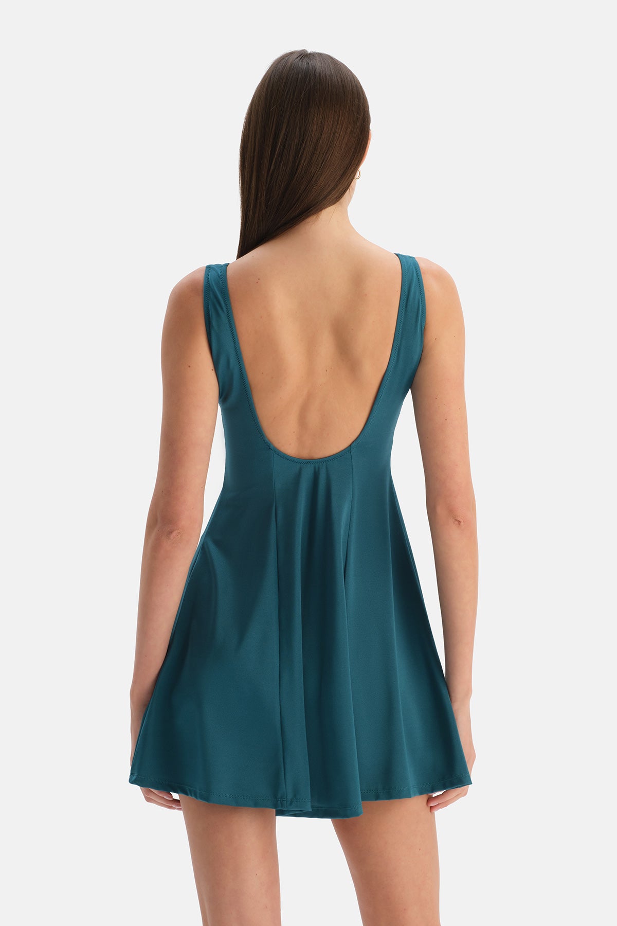 Petrol Mavi Kare Yaka Elbiseli Mayo