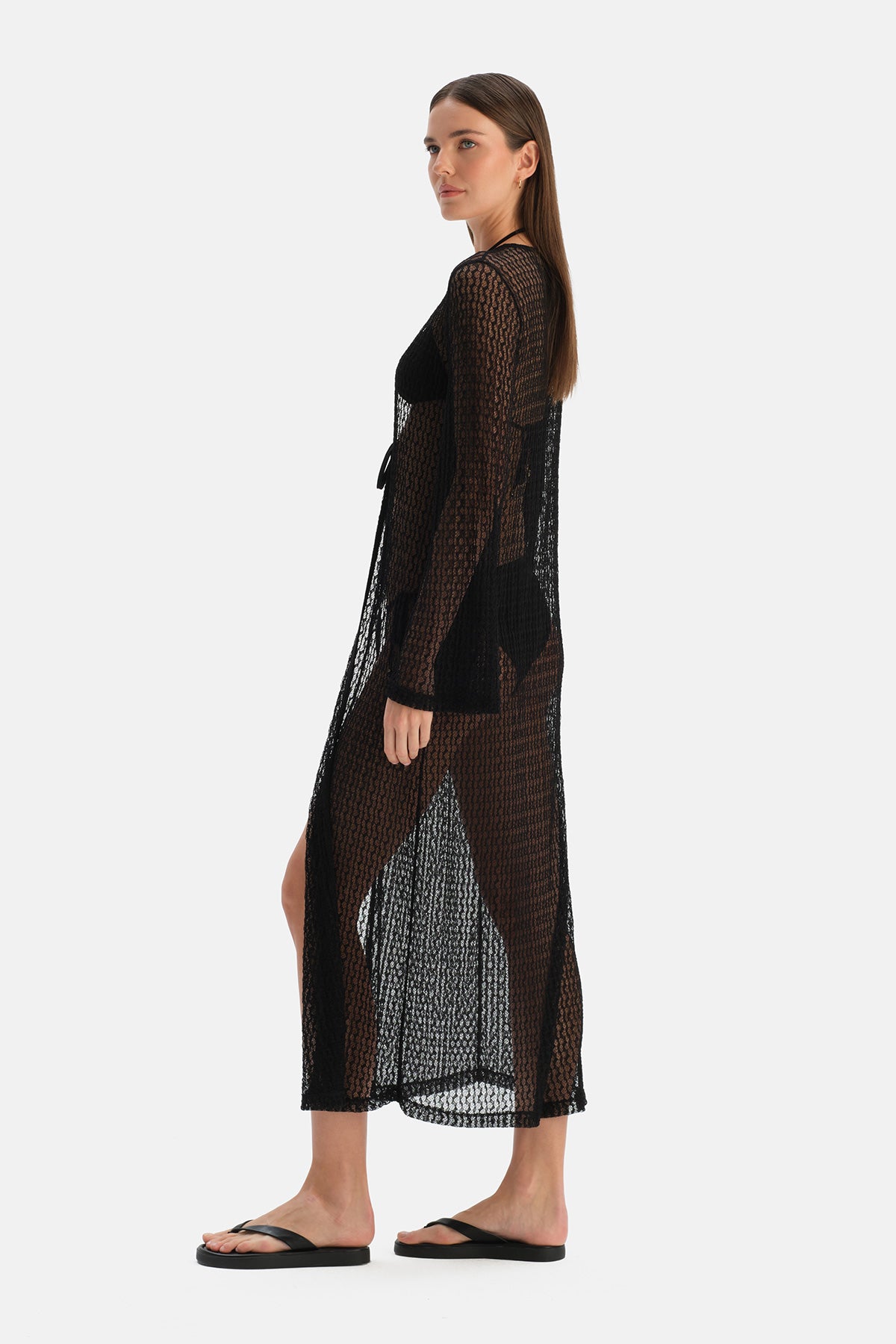 Siyah Dantelli Uzun Kimono