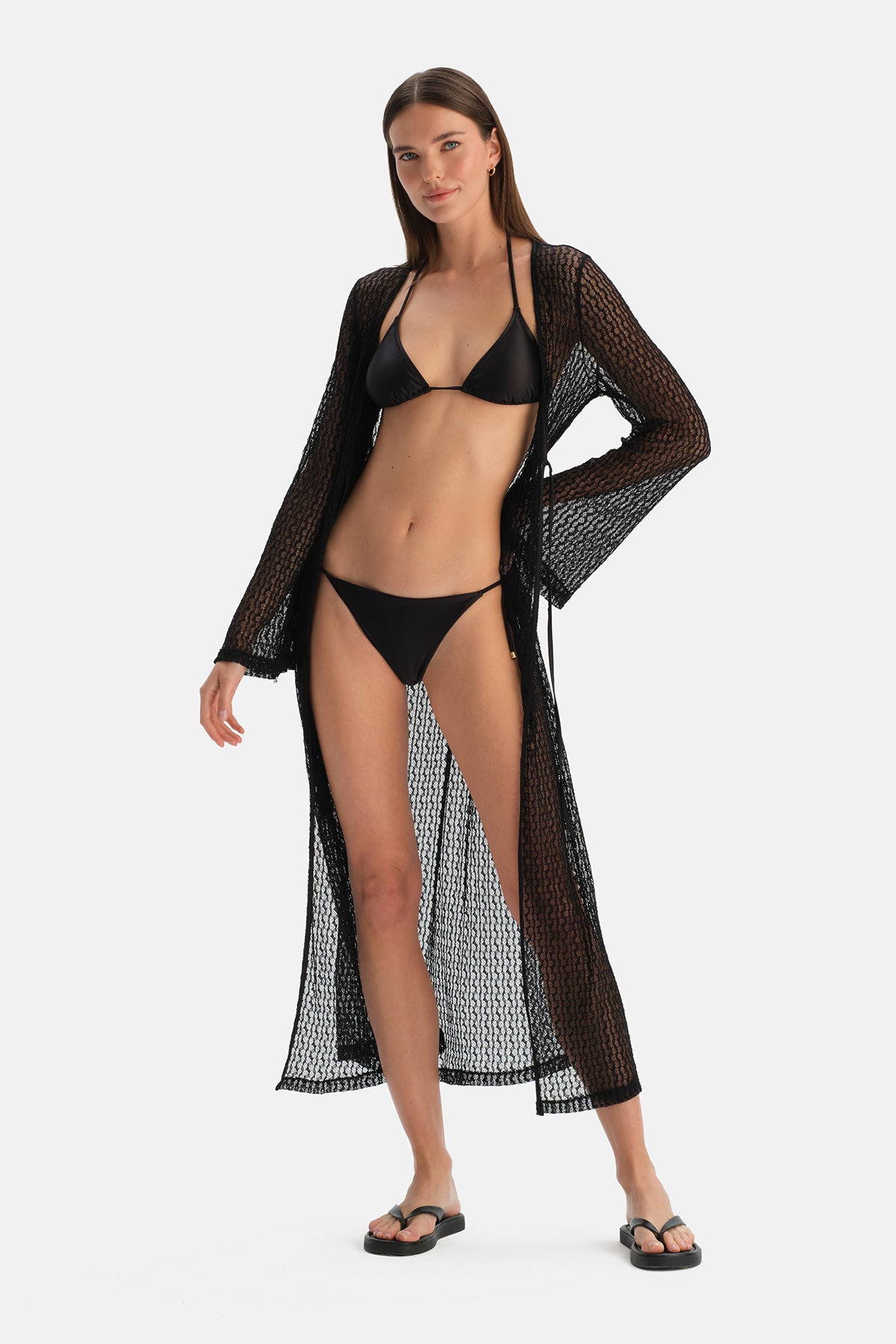 Siyah Dantelli Uzun Kimono