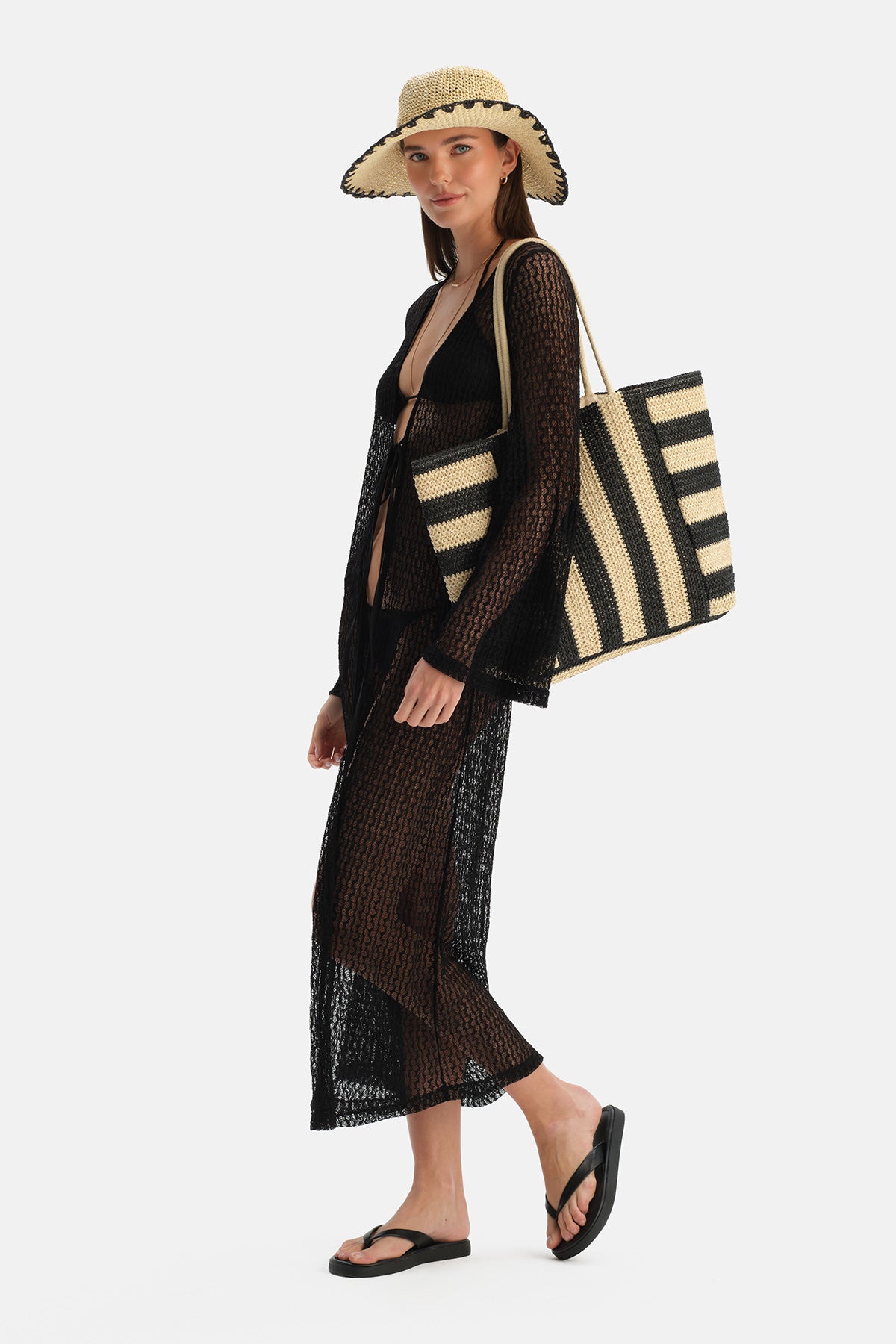 Siyah Dantelli Uzun Kimono