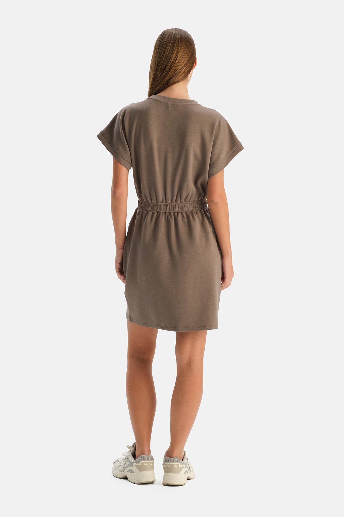 MODAL KARIŞIMLI BELİ BÜZGÜLÜ ELBİSE