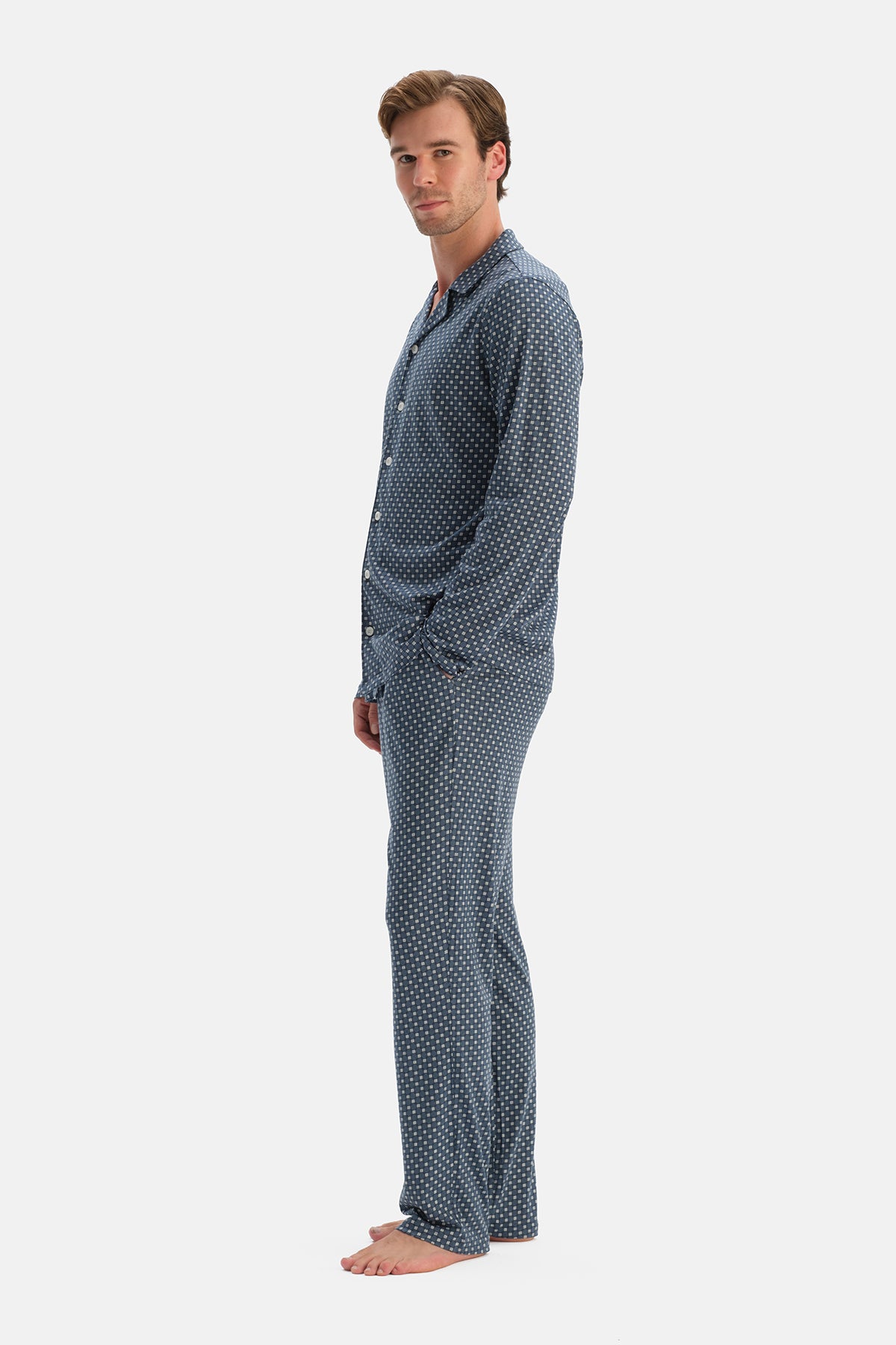 Indigo Geometrik Baskılı Gömlek Pantolon Takım