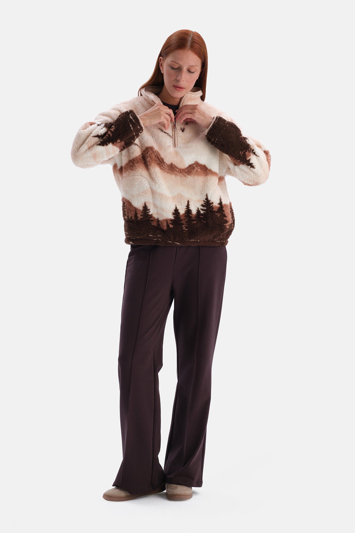 Multicolor Kadın Yarım Fermuarlı Manzara Desenli Sweatshirt