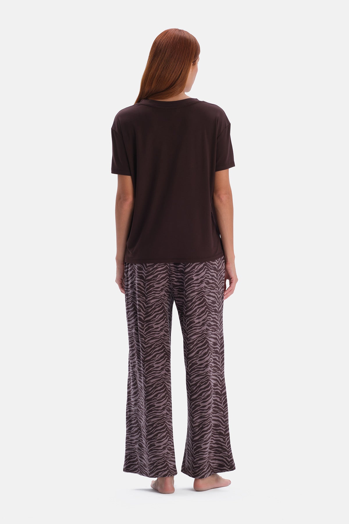 Koyu Kahve Düz Paça Baskılı Termal İkili Pantolon
