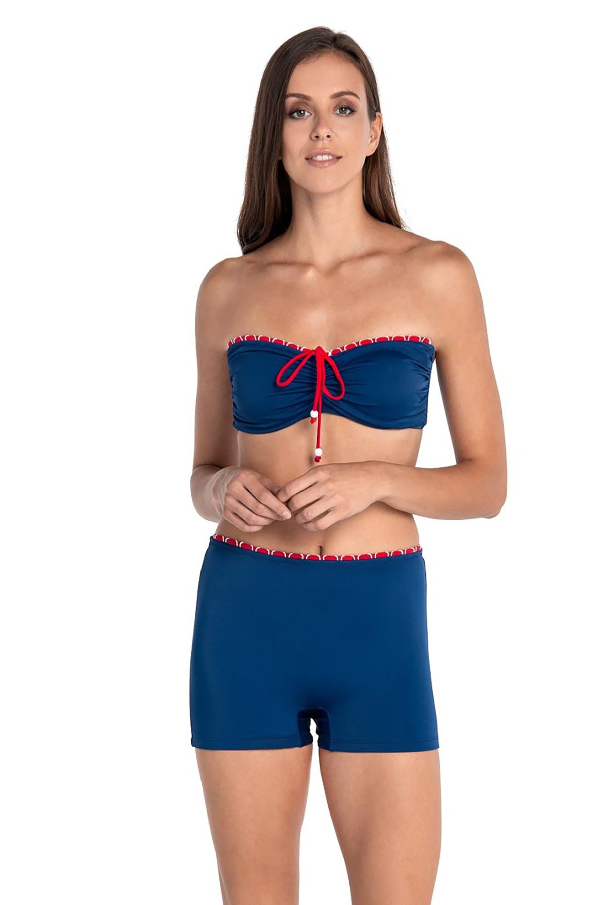 Marin Lacivert Kordonlu Şortlu Straplez Bikini Takımı