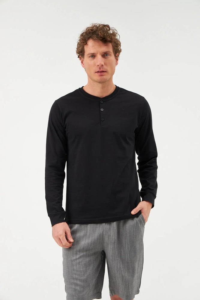 Siyah Düğme Yakalı Pamuk Sweatshirt