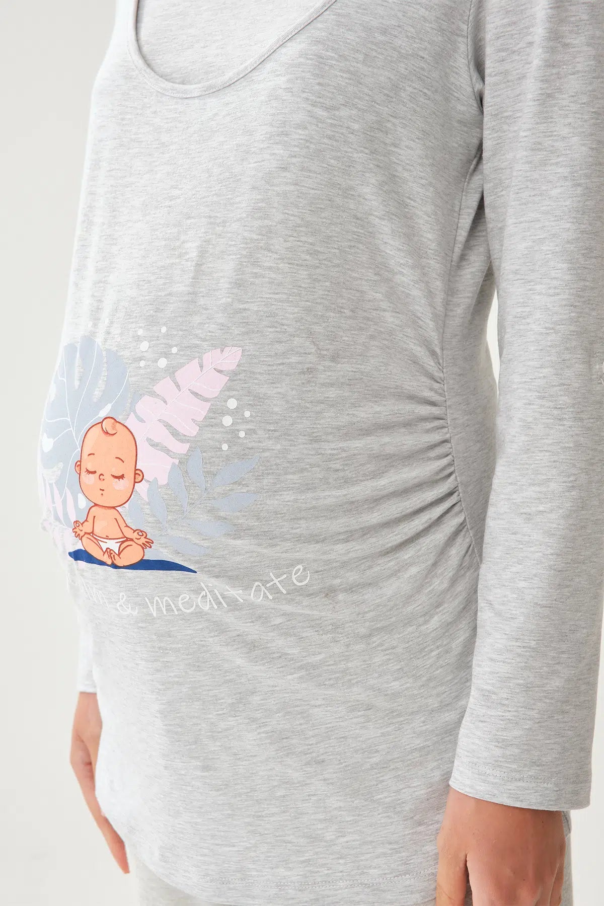 Gri Melanj Geniş Yaka Uzun Kol Hamile T-Shirt