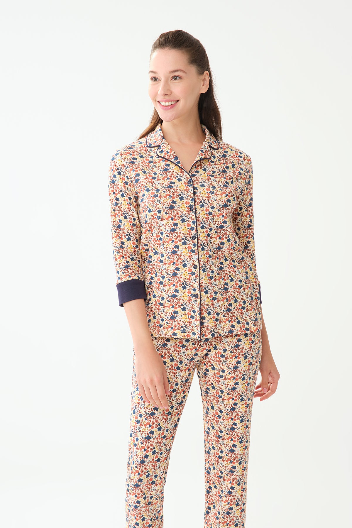 Lacivert Gömlek Yaka Pamuklu Pijama Üstü