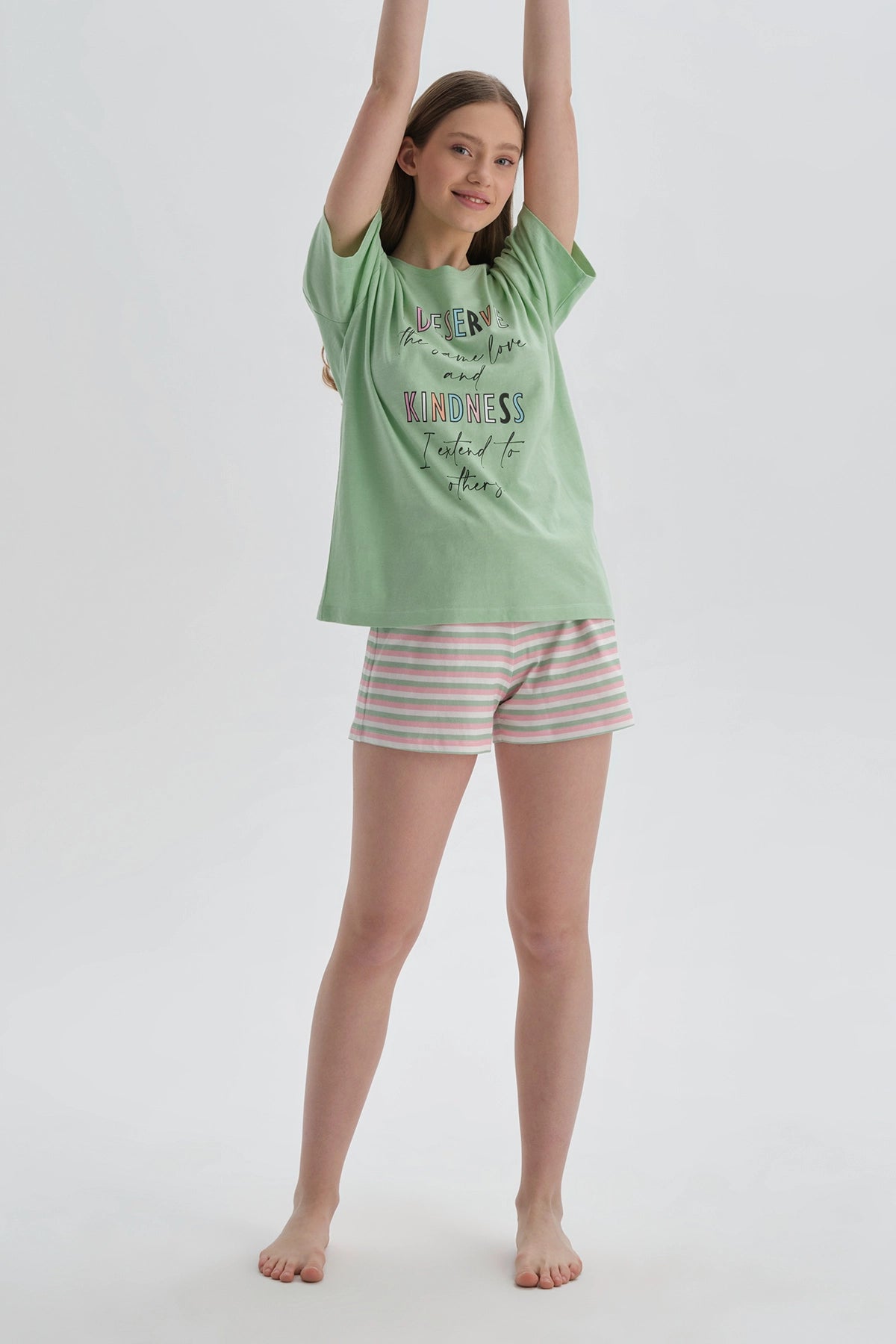 Yeşil Çizgili Modal Şortlu Pijama Takımı