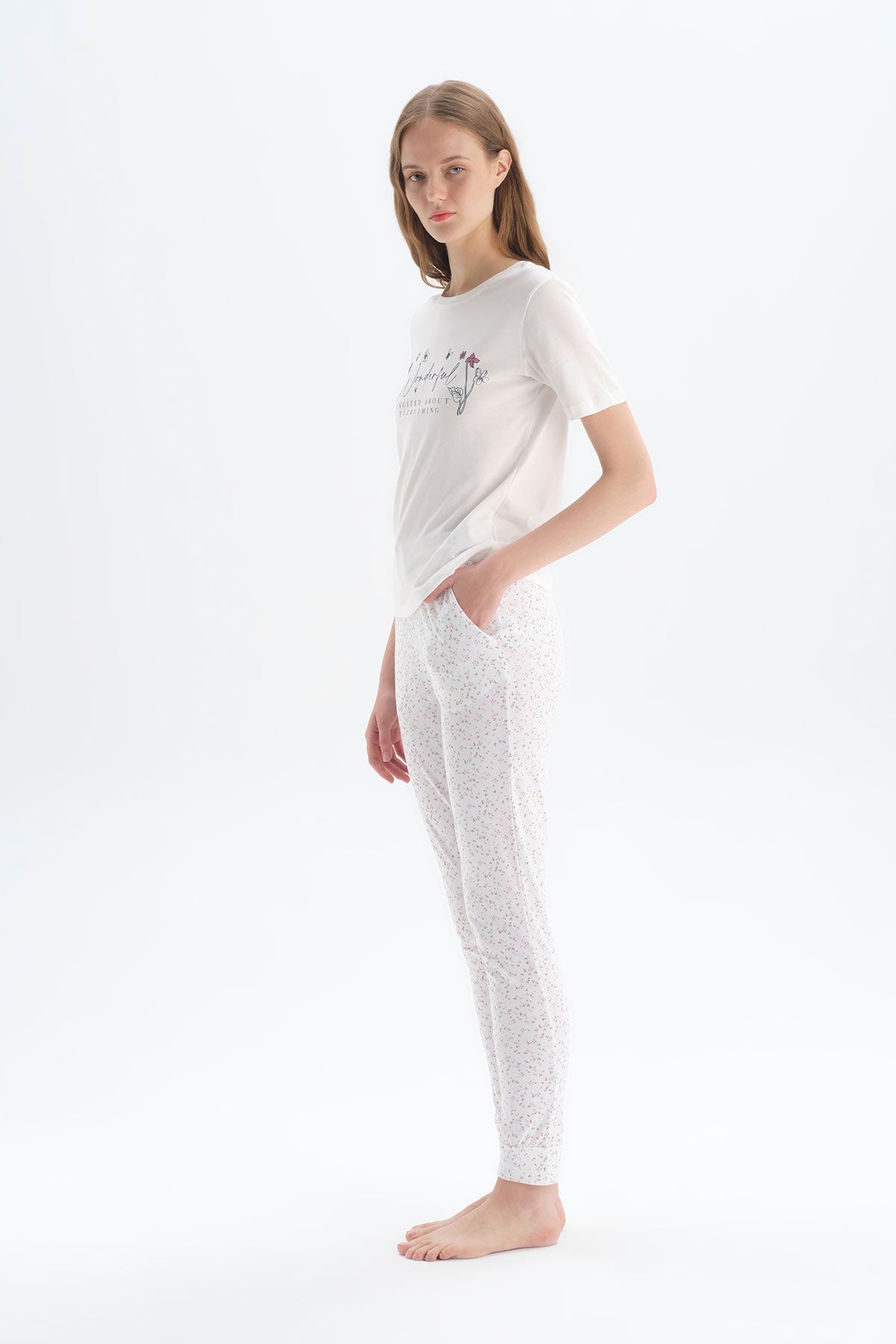 Ekru Pamuklu Pijama Takım