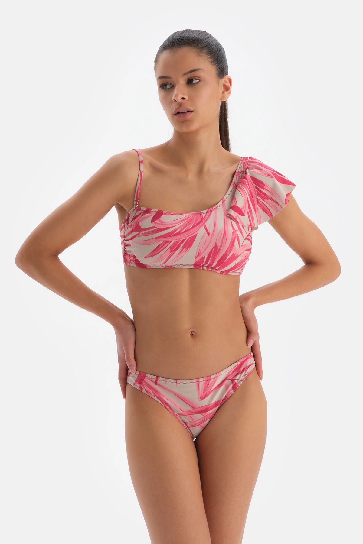 Fuşya - Gri Tek Omuz Volanlı Bikini Üstü