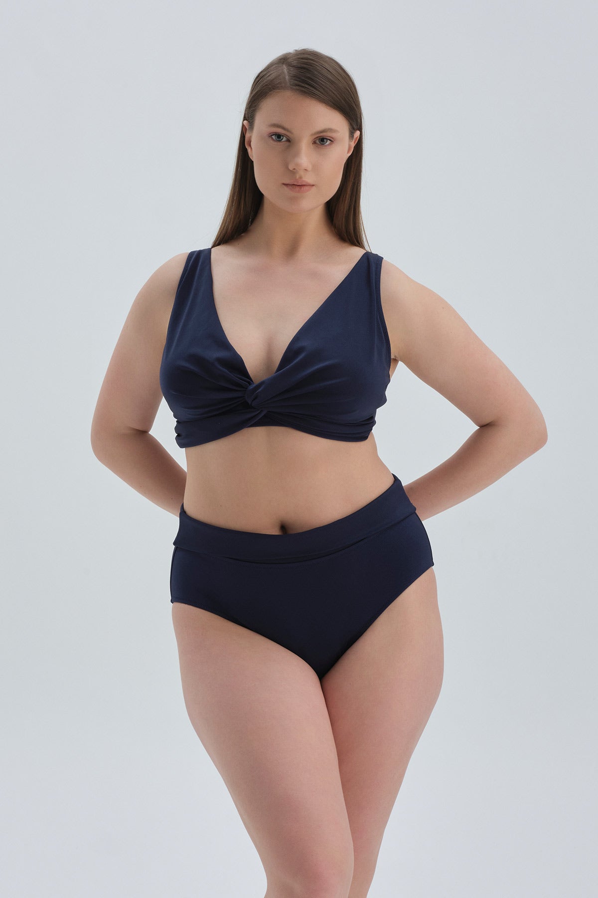 Lacivert Yüksel Bel Katlamalı Bikini Alt