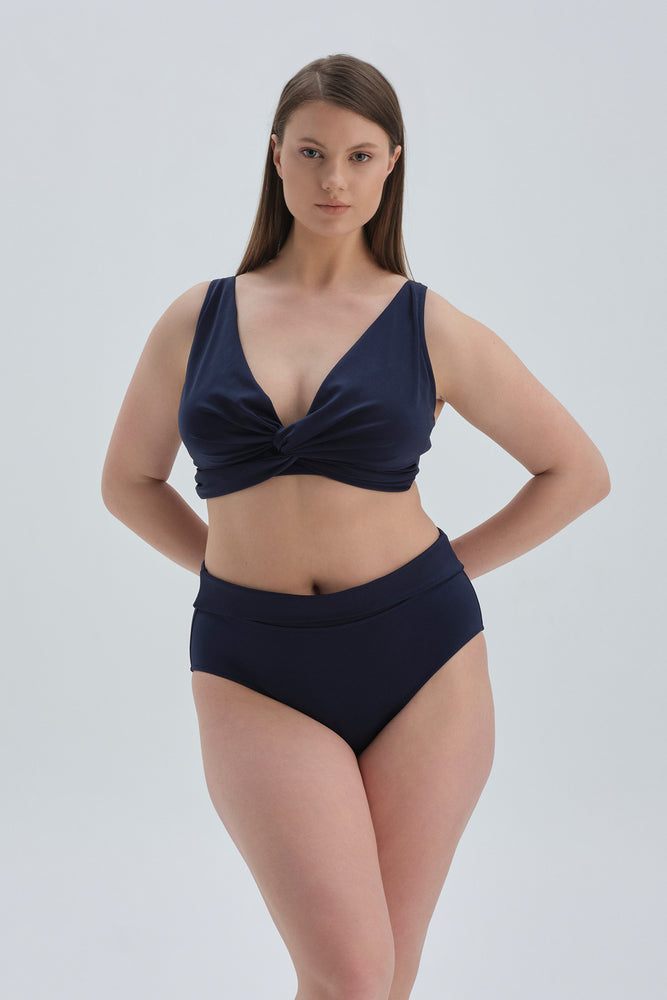 Lacivert Yüksel Bel Katlamalı Bikini Alt