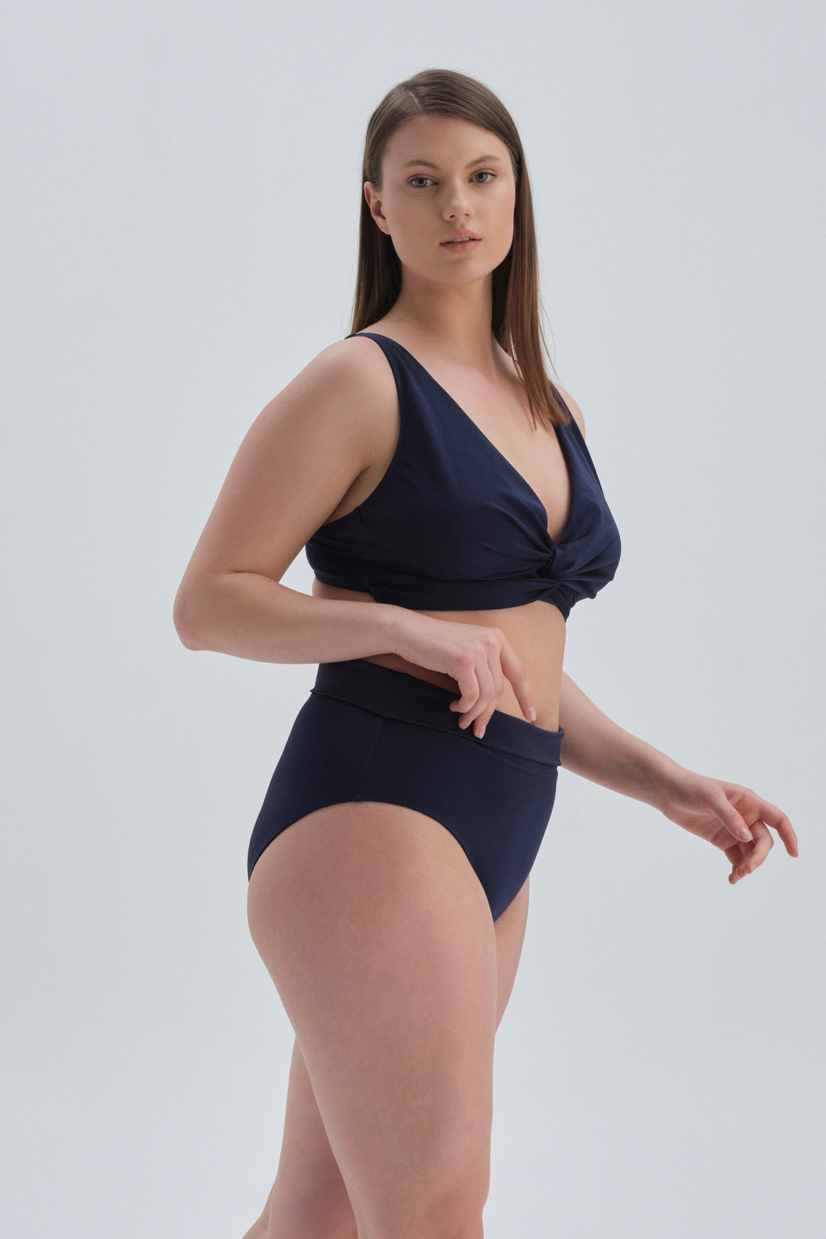 Lacivert Yüksel Bel Katlamalı Bikini Alt