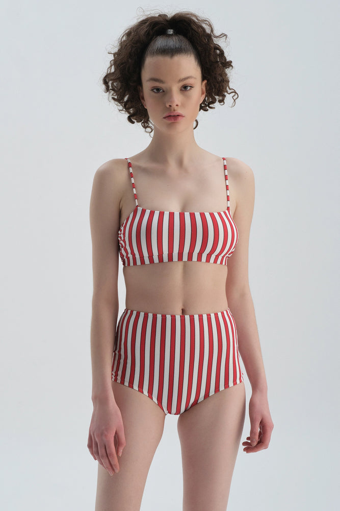 Kırmızı-Beyaz Toparlayıcı Yüksek Bel - Bikini Alt