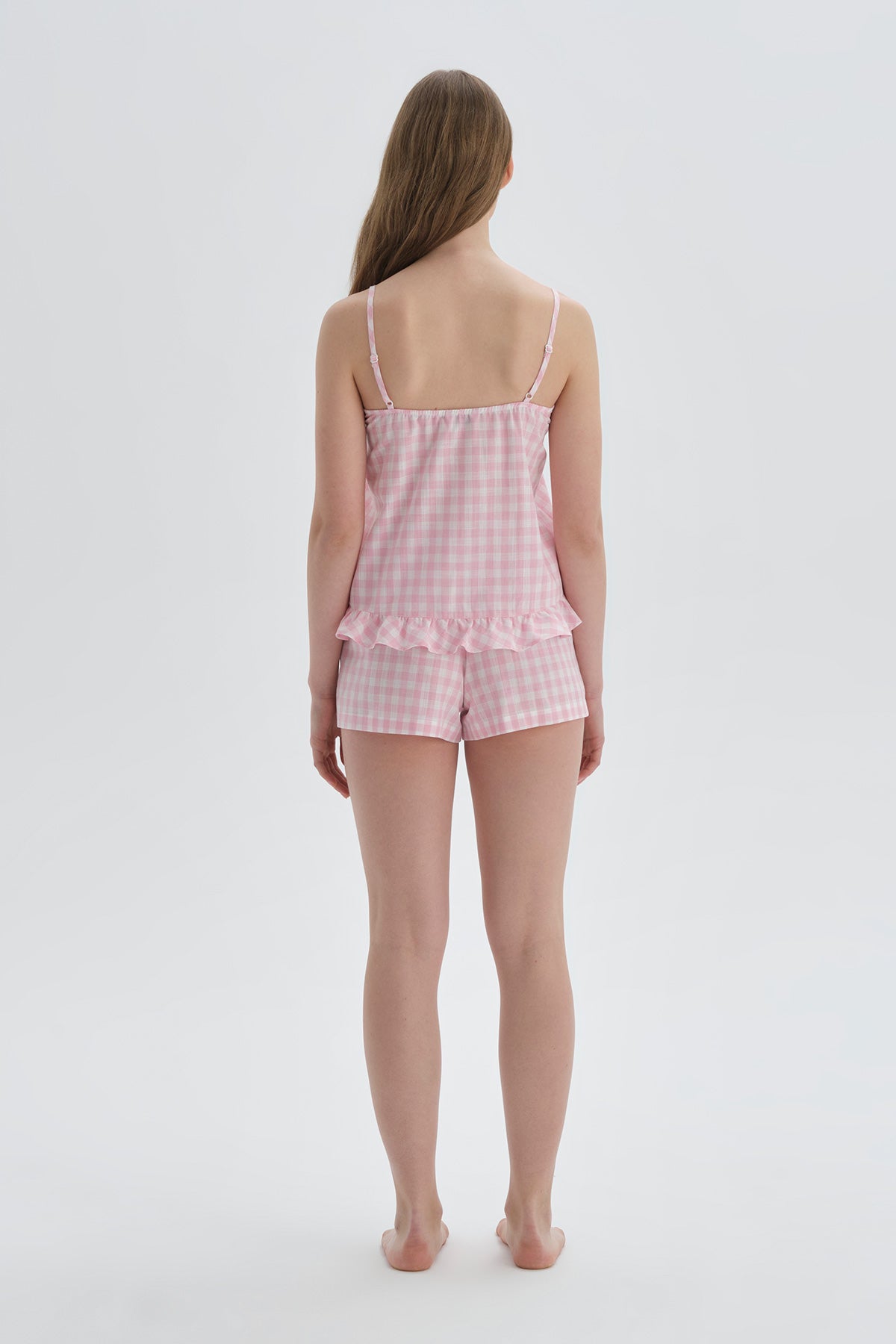 Pembe Desenli Pötikareli Askılı Pamuk Şortlu Pijama Takımı
