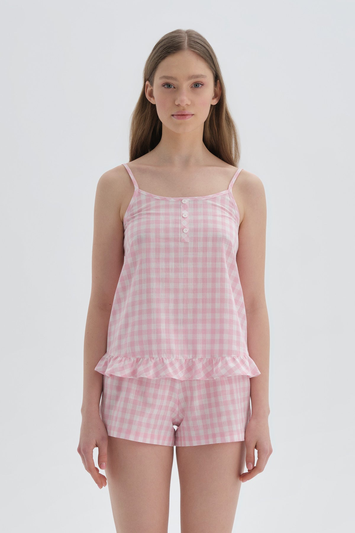 Pembe Desenli Pötikareli Askılı Pamuk Şortlu Pijama Takımı